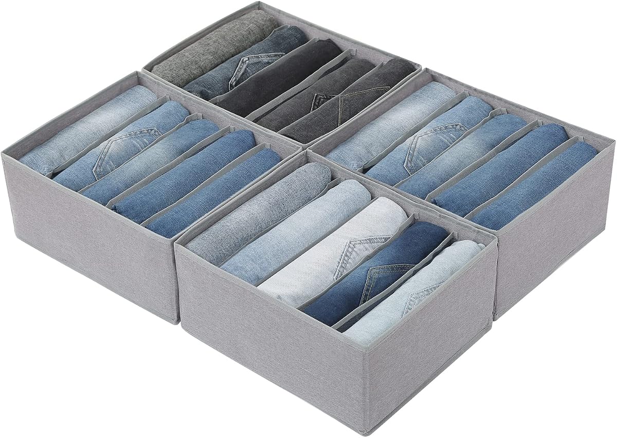 Qozary Pants Jeans Organizer for Closet, 4 Pack Drawer Organizers for Clothing, 5 Grids Wardrobe Clothes Storage for Deep Drawer, T-Shirts, Legging, Short