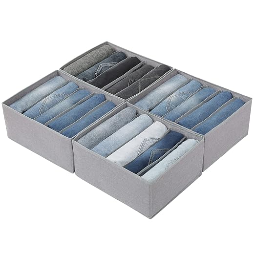 Qozary Jeans Pants Organizer for Closet, 4 Pack Drawer Organizers for Clothing, 5 Grids Wardrobe Clothes Organizer, Deep Drawer, Jean Organizer, Clothes Organizer for Shirts, Legging