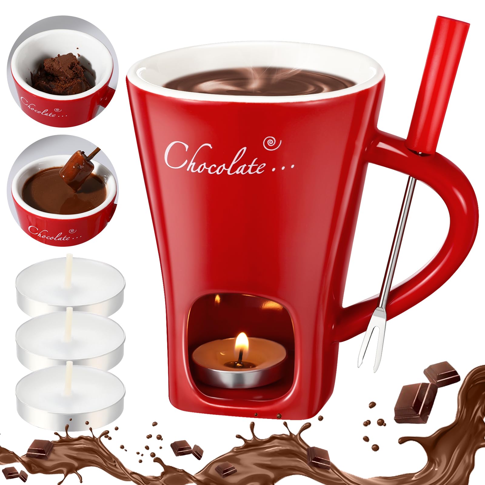 Honeydak Chocolate Fondue Mug with Fork and Candle Sweet Ceramic Personal Chocolate Melting Cup Chocolate Fondue Mug Ideal Gifts for Birthday Date Night Birthday Wedding Gifts(Red)