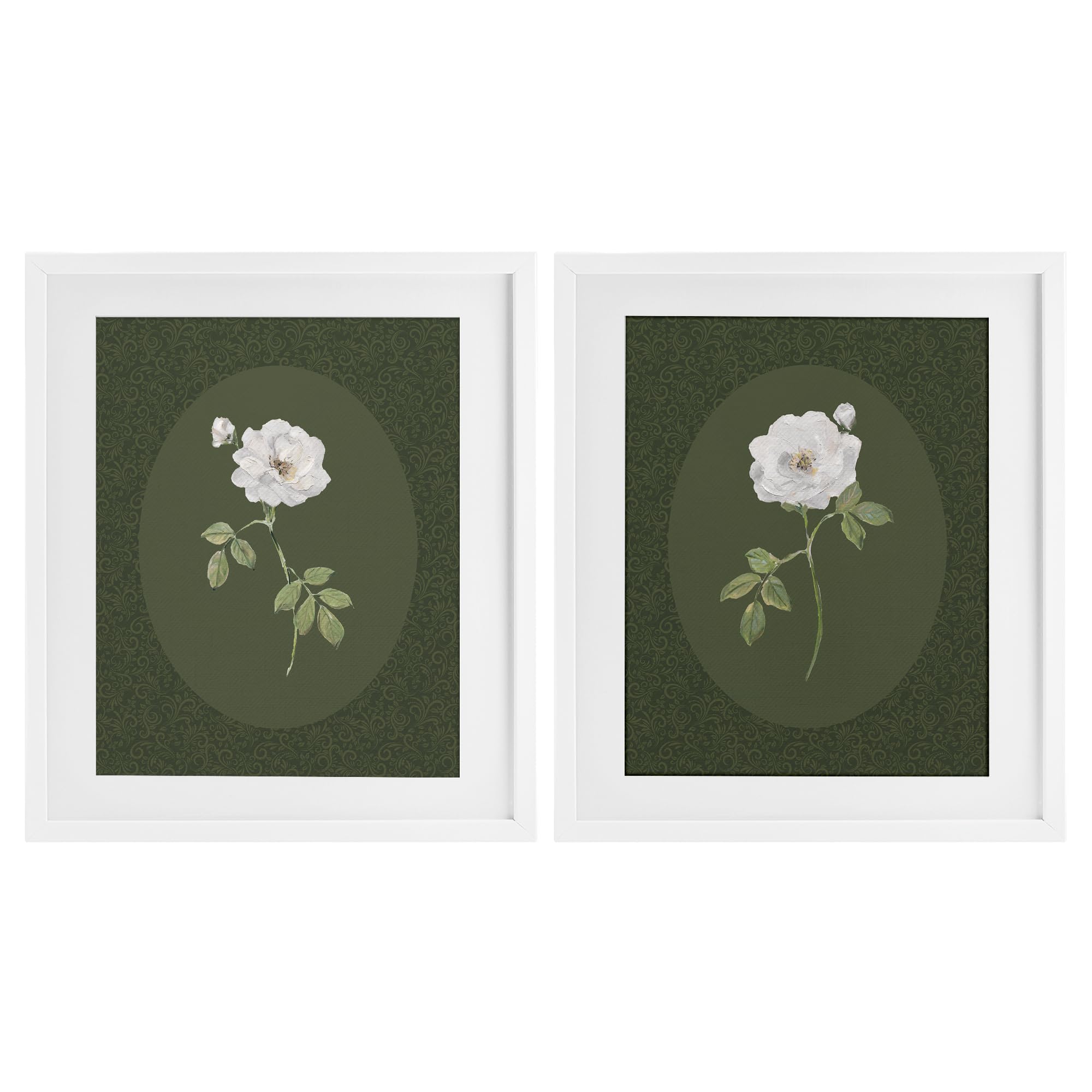 Stupell Industries 'Ornate Rose Studies over Emerald', 2pc Framed Print Under Glass Set, White, 17 x 21 Inches, Easy to Hang and Sturdy, Made in USA, by Sally Swatland
