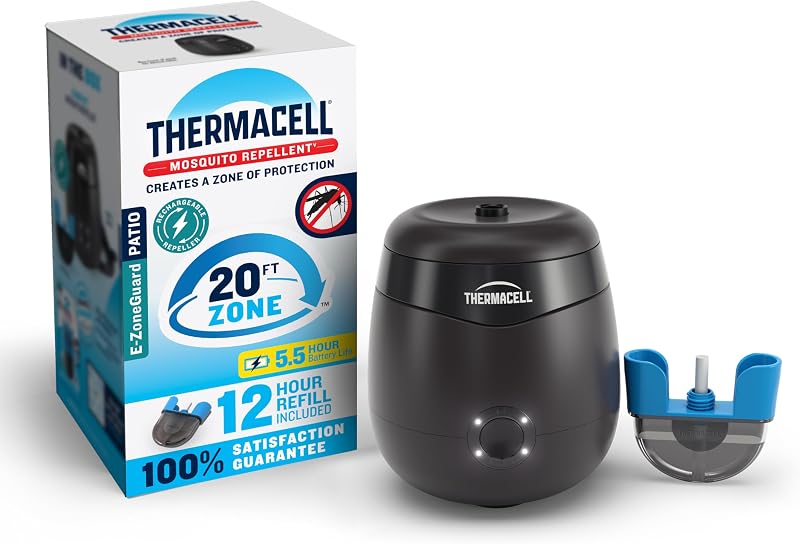 E-ZoneGuard Patio Rechargeable Mosquito Repellent, 5.5-Hr Bat | Black; 20-FT Zone; 12-Hr Refill; Scientifically Proven Outdoor Protection; Bug Spray Alternative; Scent Free; DEET-Free