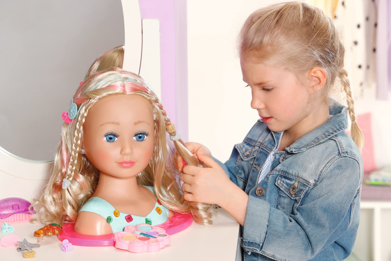 BABY Born Styling Head Głowa do Makijażu dla Dzieci z Długimi Blond Włosami, Paleta, Szczotka i Akcesoria