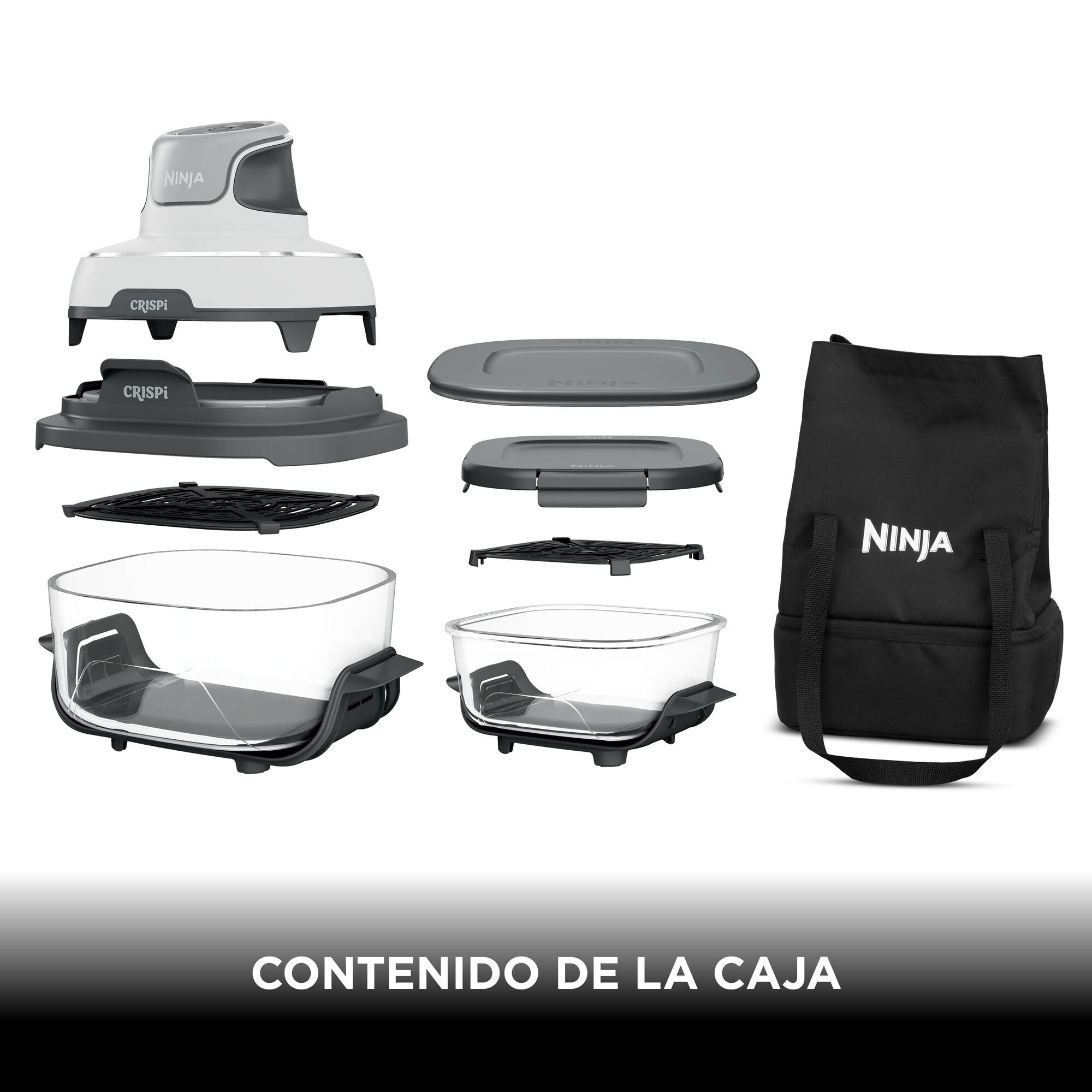 Ninja CRiSpi, Freidora de Aire Portátil, 3,8L y 1,4L, Blanco, FN102EU | 4 en 1: Freír con Aire, Asar, Mantener la Temperatura, Dorar, Compacta, 2 Recipientes de Cristal Extraíbles y Tapas, 1700W