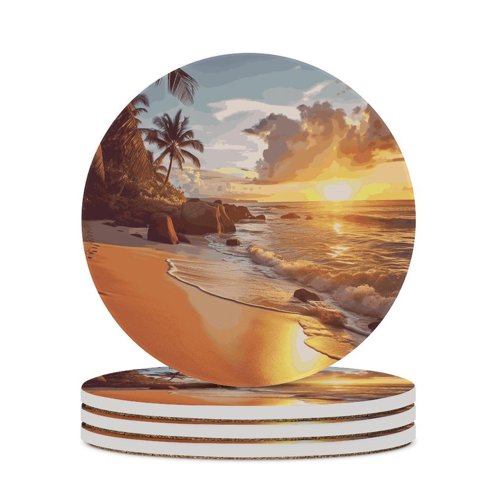 Tropical Beach at Sunset Coaster with Cork Base Drink Coasters for Coffee Table Decor Modern Cup Coasters with Non-Slip & Heat-Resistant Cute Ceramic Table Coaster for Home Dining