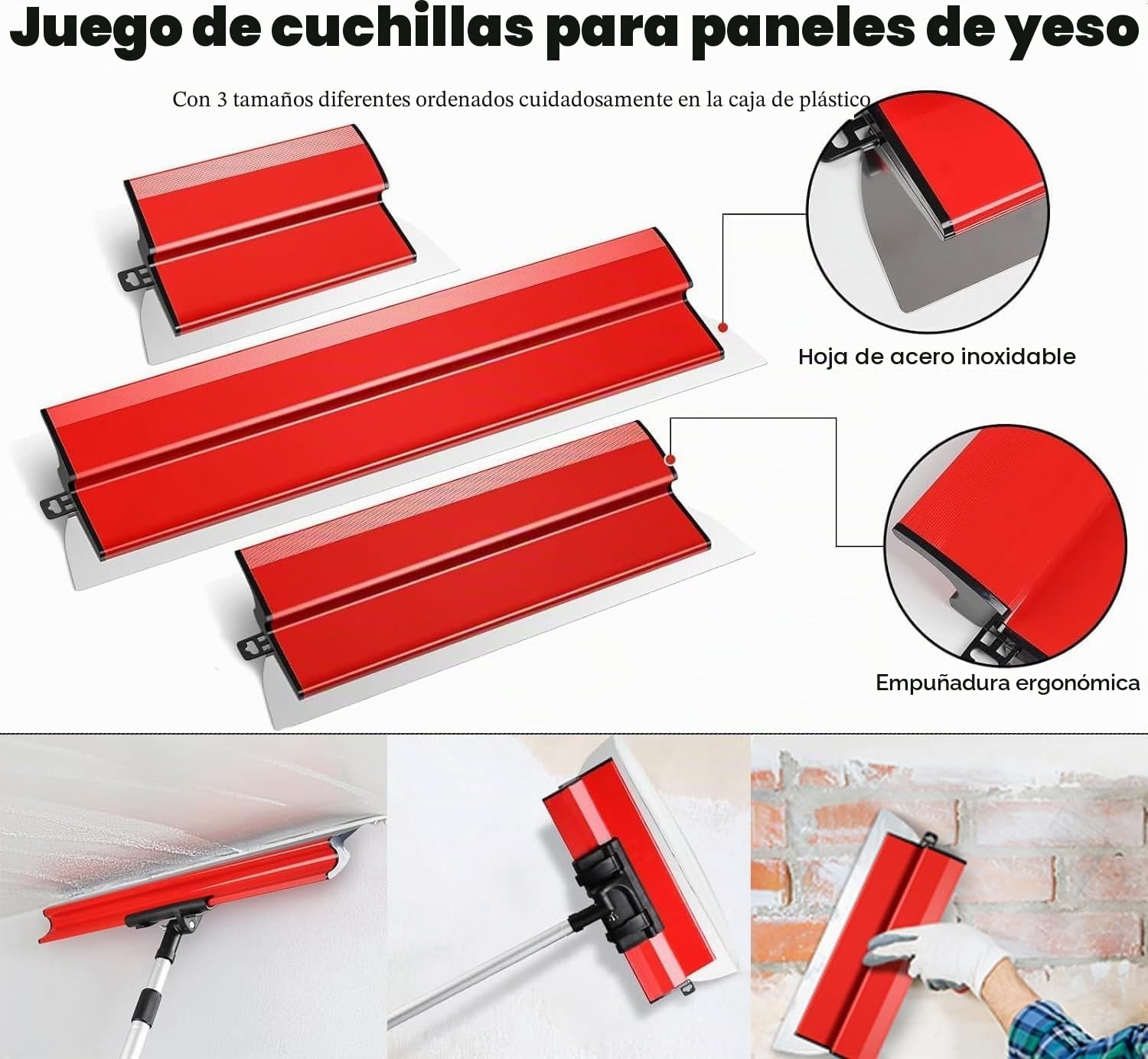 Espátula Pladur Profesional Juego de Llana Alisar Paredes para Emplastecer, Combo de Cuchilla de Encintar Incluye Pértiga Extensible y Cuchilla de Repuesto, Hoja Desnatadora 25cm/ 40cm/ 60cm
