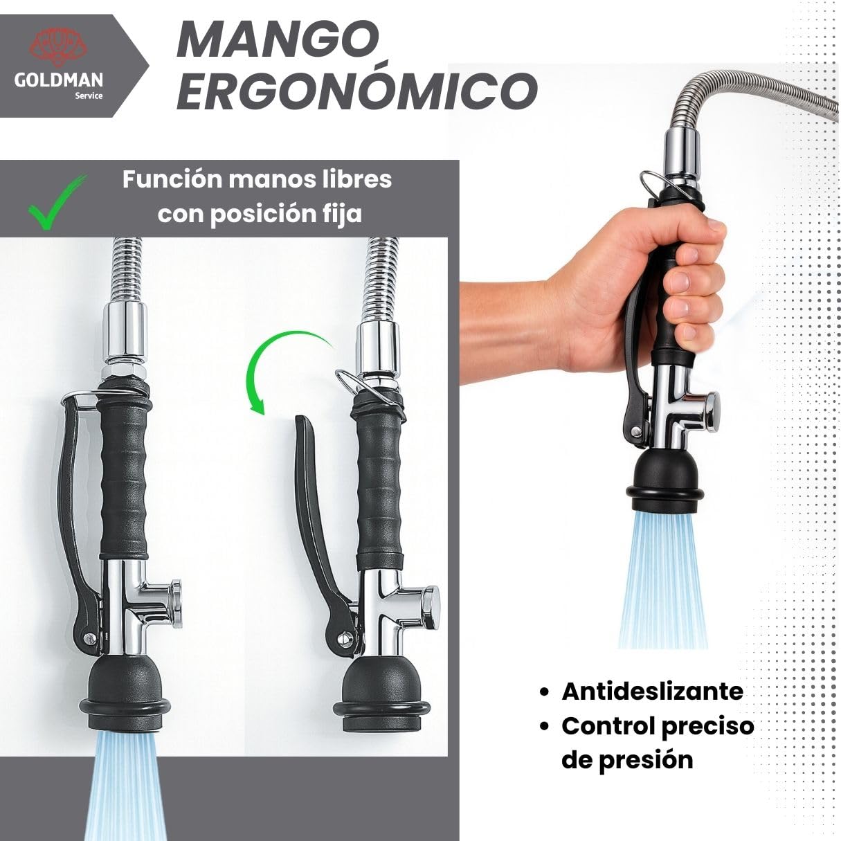 GOLDMAN SERVICE | Grifo Pulverizador Profesional Fregadero Cocina Industrial y Hogar | Mango Ergonómico Eco Saver | Cabezal Rociador Acero Inoxidable Hostelería Restaurantes