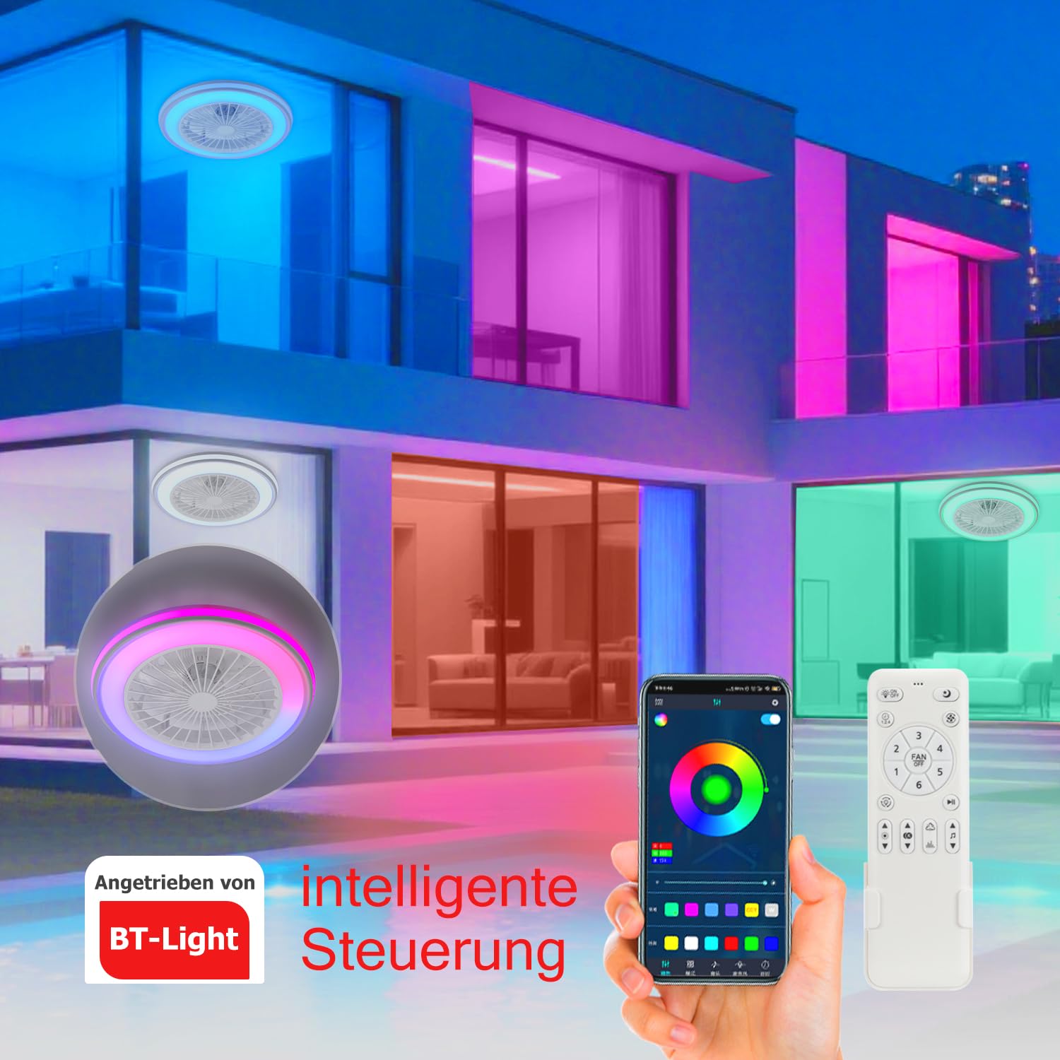 Deckenleuchte mit Ventilator, leise, RGB, Bluetooth-Musik 40W