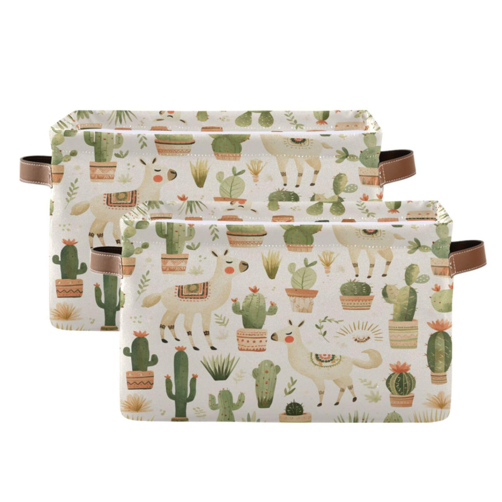 Kigai Cacti Storage Basket with Handle Collapsible Canvas Fabric Storage Bins Shelves Closet Organizer Kid Toy Basket for Bedroom Nursery Office, 1 PACK