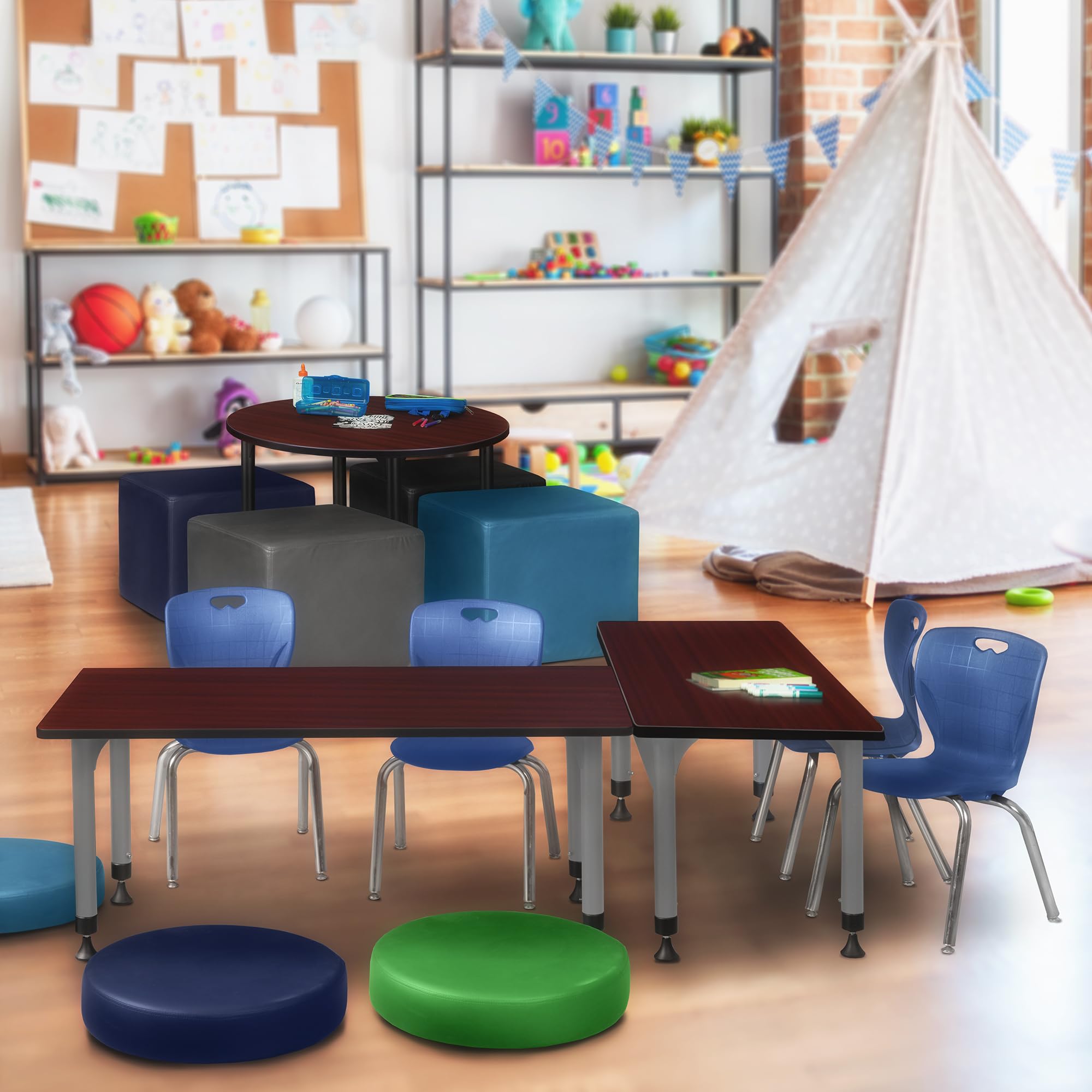 Romig Kee Classroom Activity Table & Chair Kit 5, 60 x 30, Chrome|Grey|Mahogany|Navy Blue