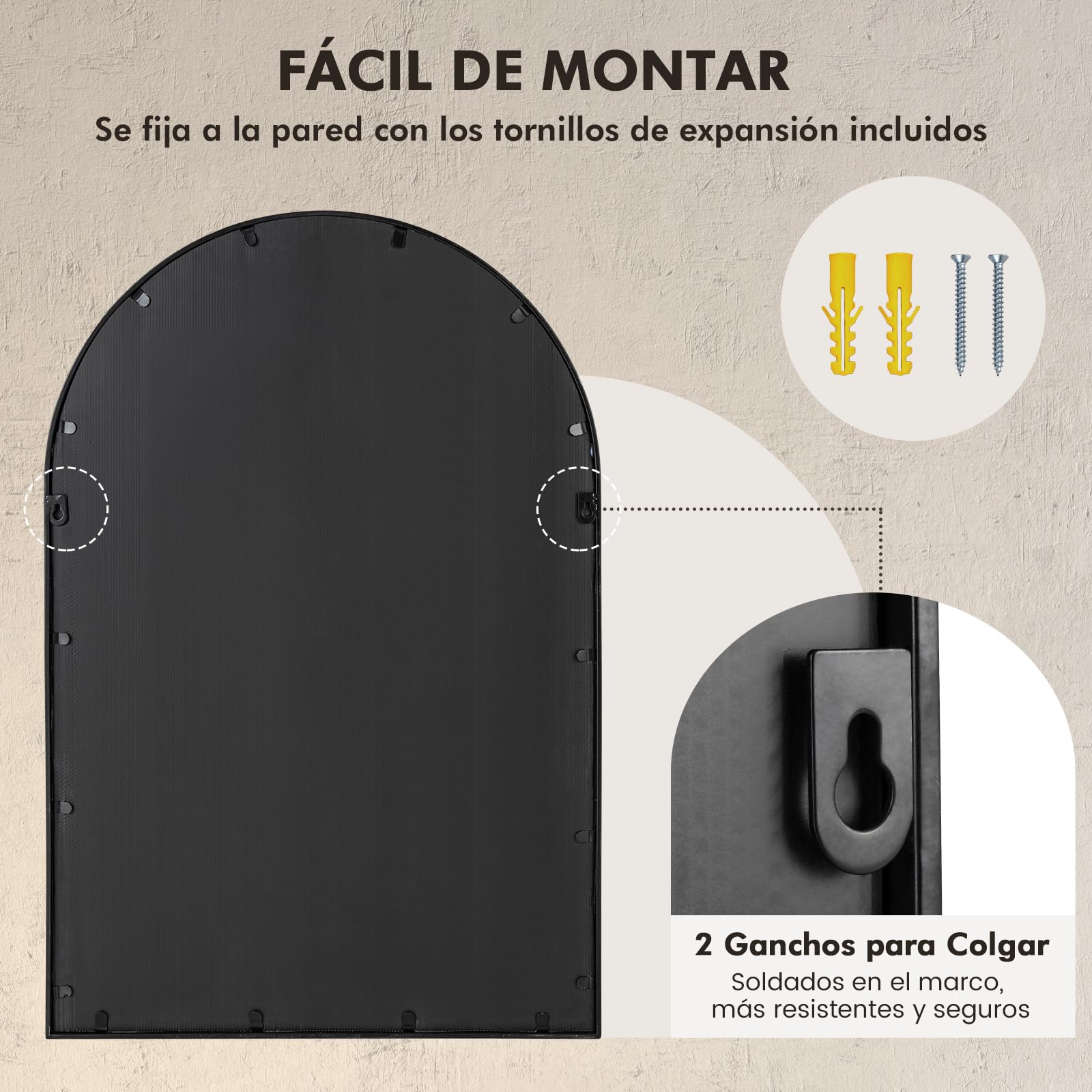 COSTWAY Espejo Pared de Ventana Arqueado, 58 x 87 cm, Espejo Decorativo con Marco de Metal, Espejo Colgante para Decoración de Ventana para Salón, Chimenea, Entrada, Dormitorio y Baño, Negro