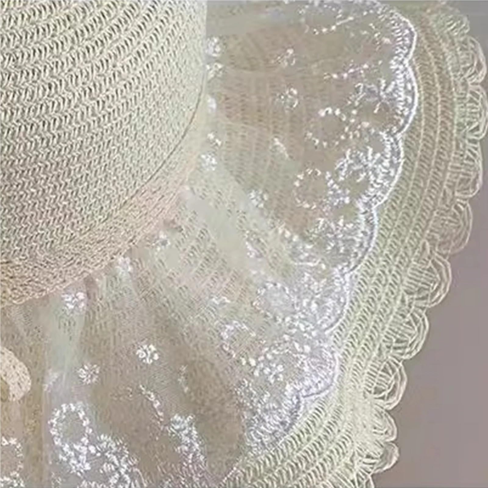 MRKU Chapeau de Soleil d'été pour Femme, idéal pour la Plage. Chapeau bob en Paille avec nœud en Dentelle, Protection UV et Large Bord.