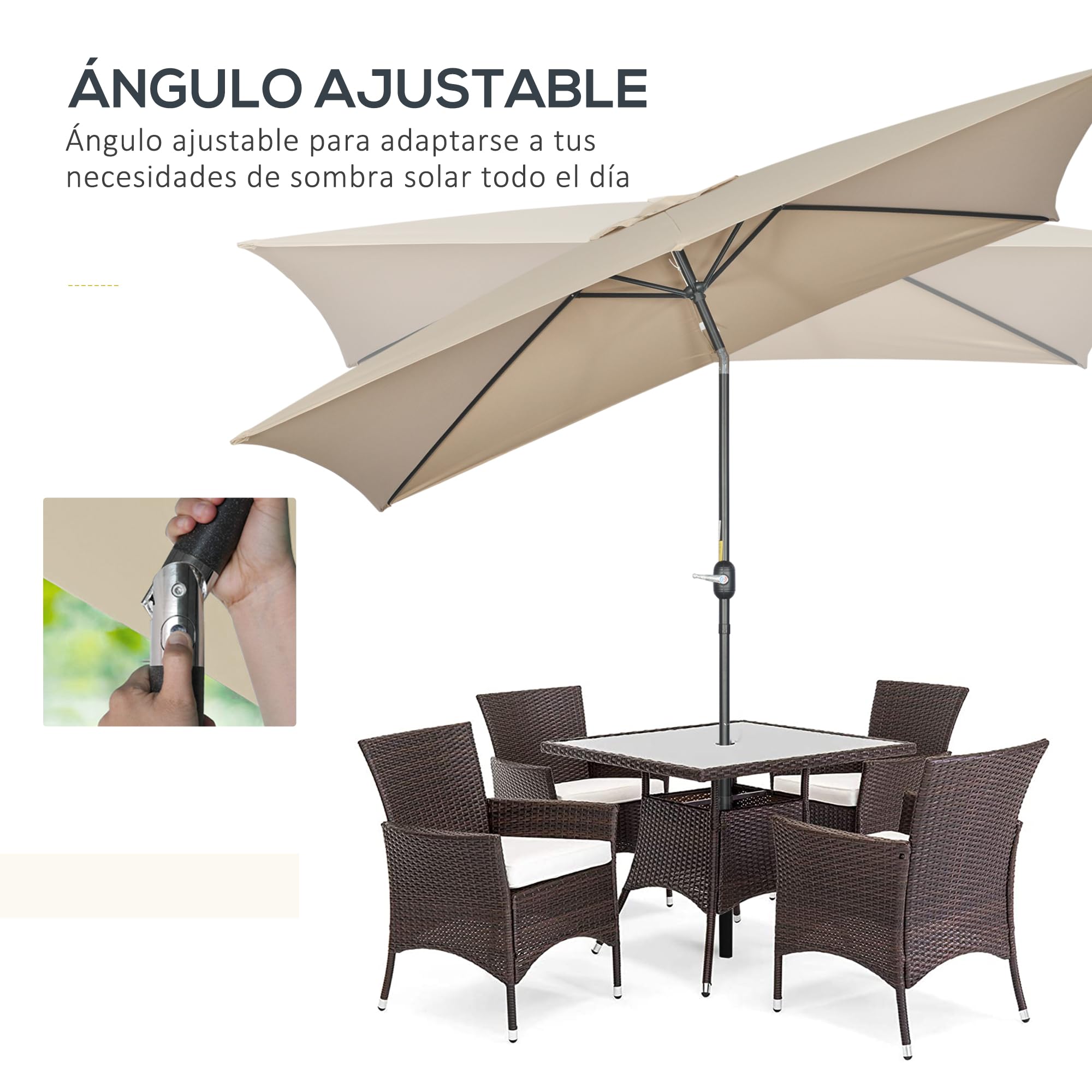 Outsunny Sombrilla de Aluminio 200x300x253 cm Inclinable Manivela Caqui | Parasol Rectangular de Jardín, Poste Desmontable, para Terraza Piscina Patio Exterior