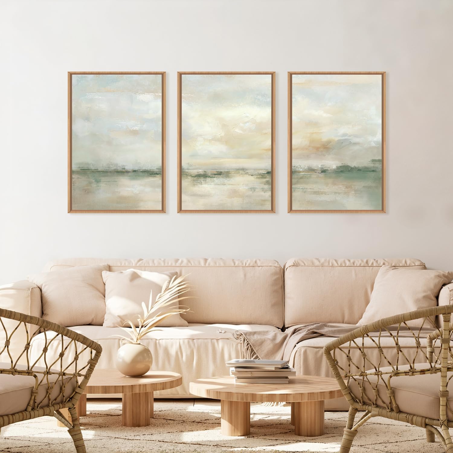 Ausril Large Abstract Green Gray Pastel Framed Canvas Wall Art,Neutral Landscape Wall Decor,Modern Watercolor Lake Artwork,Beige Textured Illustrations Art for Living Room,Bedroom,Office- 16"x24"x3 — view 2