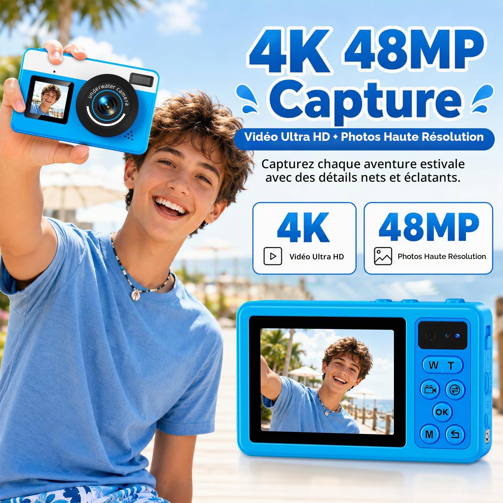 Maxmango D70 Appareil Photo Numérique Étanche 4K 48MP, Caméra sous-Marine 10FT pour Piscine Plage, Double Écran Autofocus Zoom 18X, Appareil Photo Flottant Cadeau pour Ados et Débutants, 16Go, Bleu