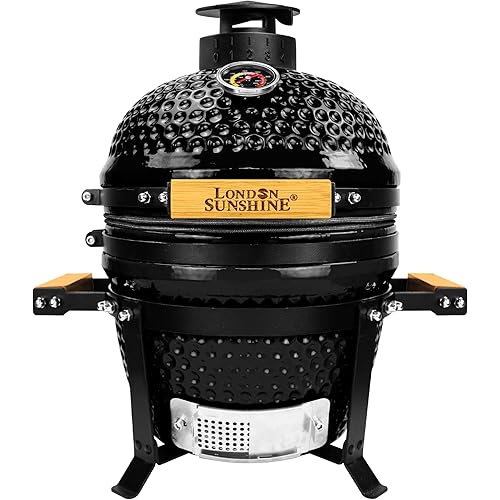 Upgraded 13 inch Ceramic Kamado Grill with Waterproof Air Vent Cap | Portable Tabletop Charcoal BBQ Grill Smoker for Outdoor Cooking, Patio, Camping | Black