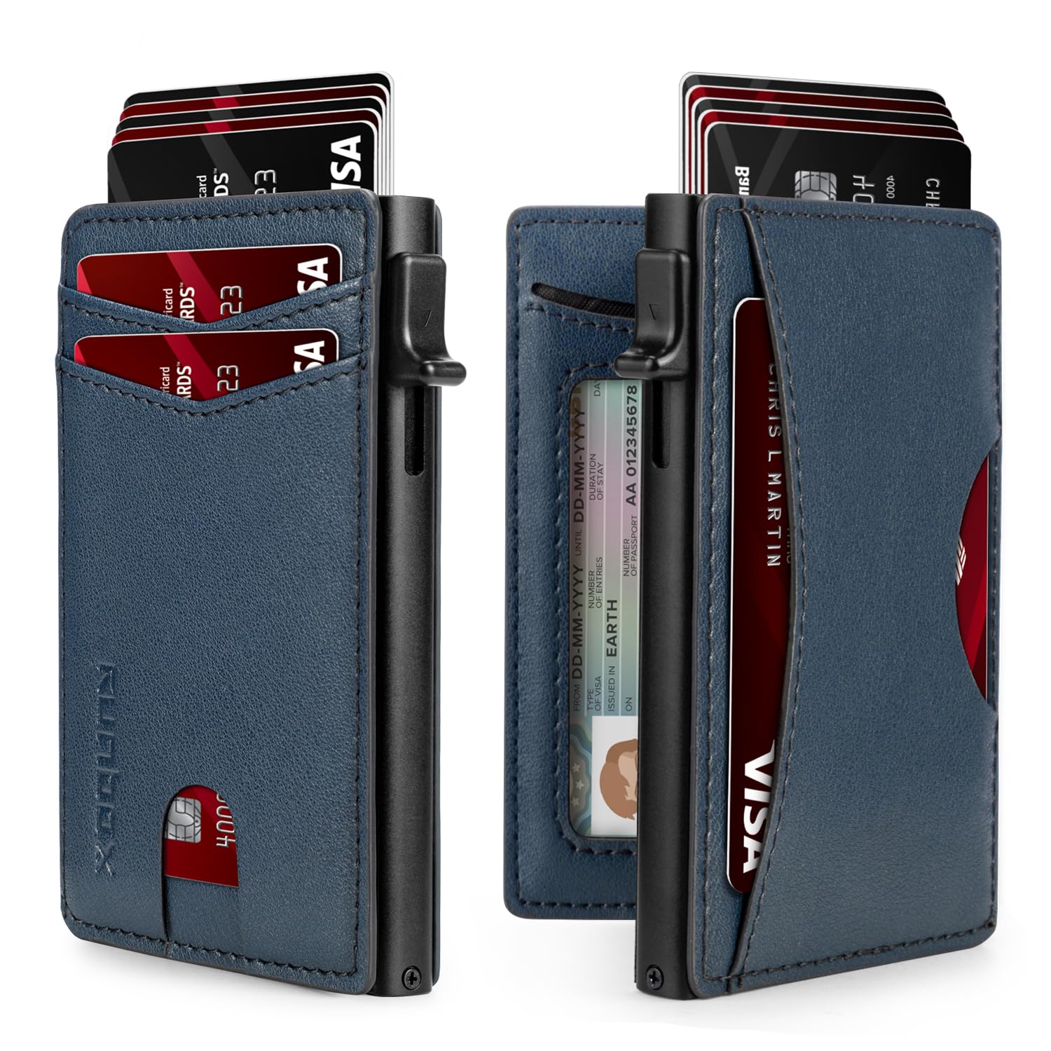 RUNBOX Slim Card Wallet for Men with ID Window – Minimalist RFID Wallet, Pop-Up Function, Ultra Thin Design, Metal Business Card Case Holds 8+ Cards, Gifts for Men, Men's Accessories