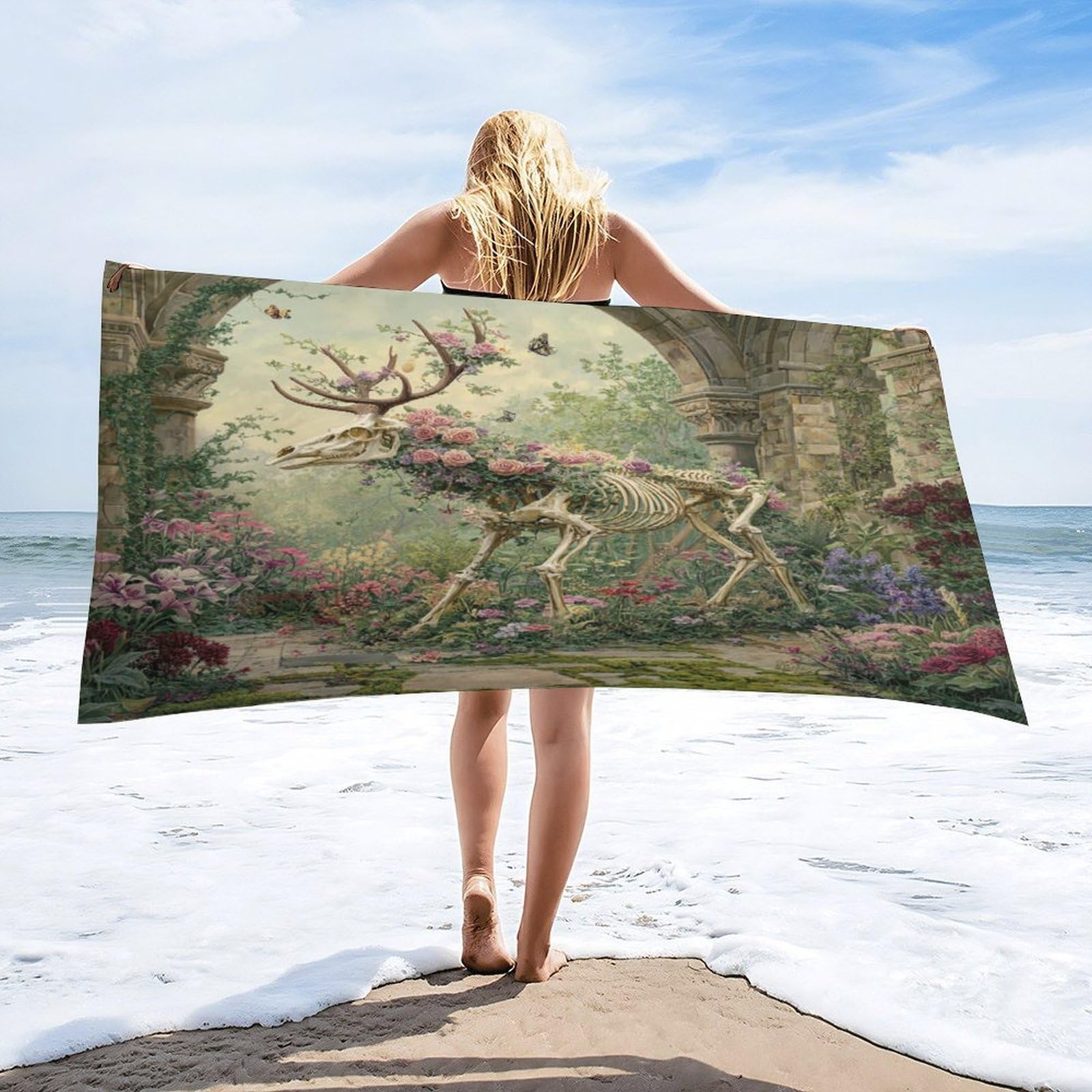 Luyysky Beautiful Rustic Deer Skull Absorbent Beach Towel, Retro Watercolor Spring Garden Pink Roses Flowers Animal Elk Skeleton Outdoor Single-Sided Velvet Beach Towel-80 W Cm X 160" L Cm