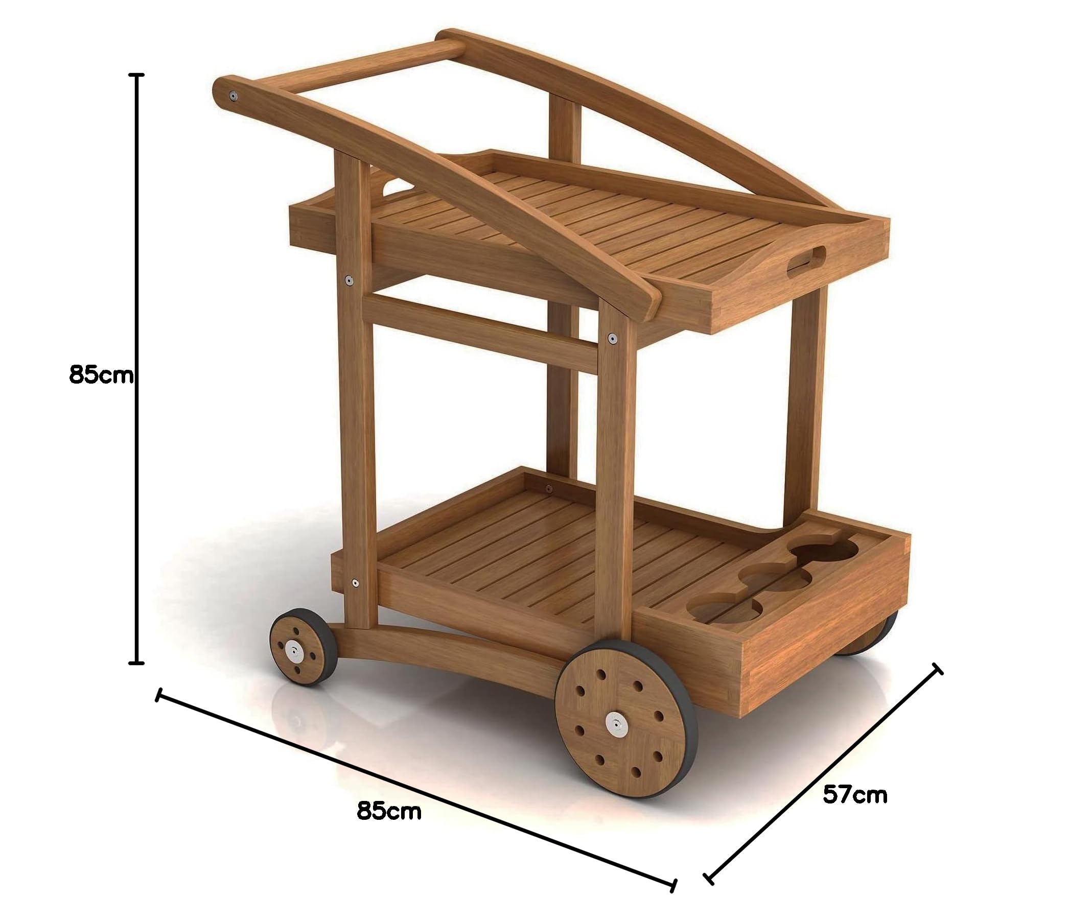 Carrello Portavivande in Legno Acacia Happy Tea con Vassoio Rimovibile e Ruote 85x57x85h cm