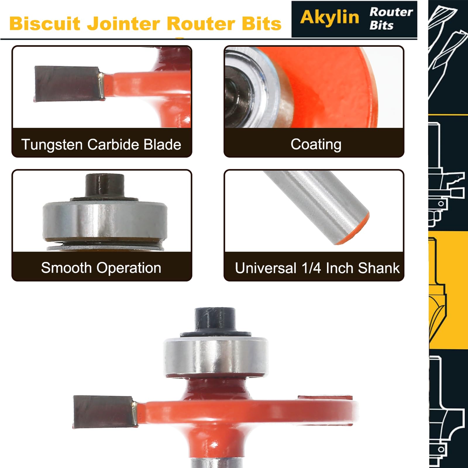 Akylin 3 in 1 Biscuit Jointer Router Bit, 1/4”Shank Biscuit Joint Slot Cutter Router Bits & 3 Bearing Set - Image 4