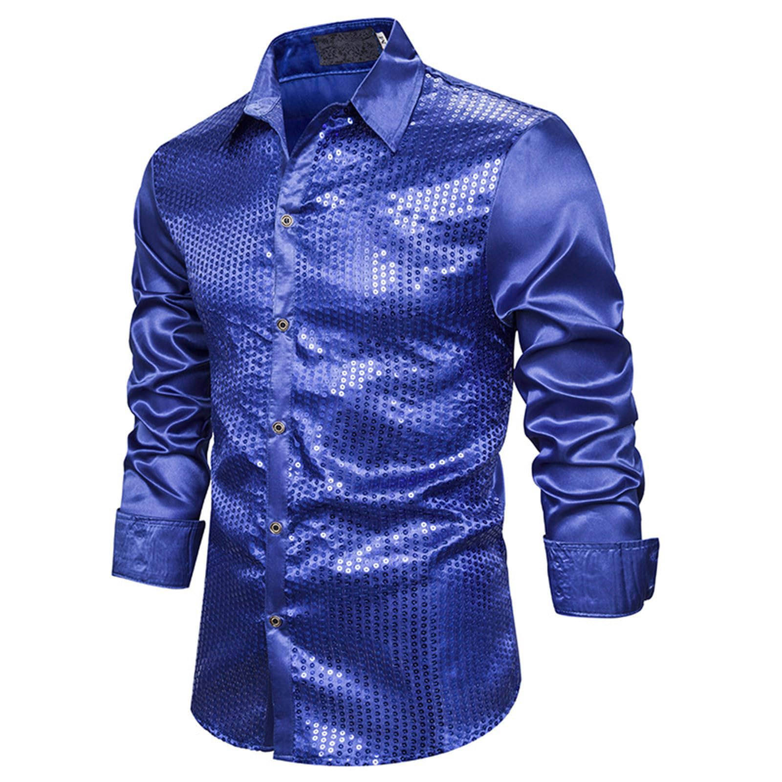 Men's Shiny Shirt, Long Sleeve Sequins 70s 80s Disco Fancy Dress, Retro Button Down Sparkly Dancing T-Shirt, Sheer Mesh See-Through Button Front Tops for Party Nightclub Prom Costume Blue