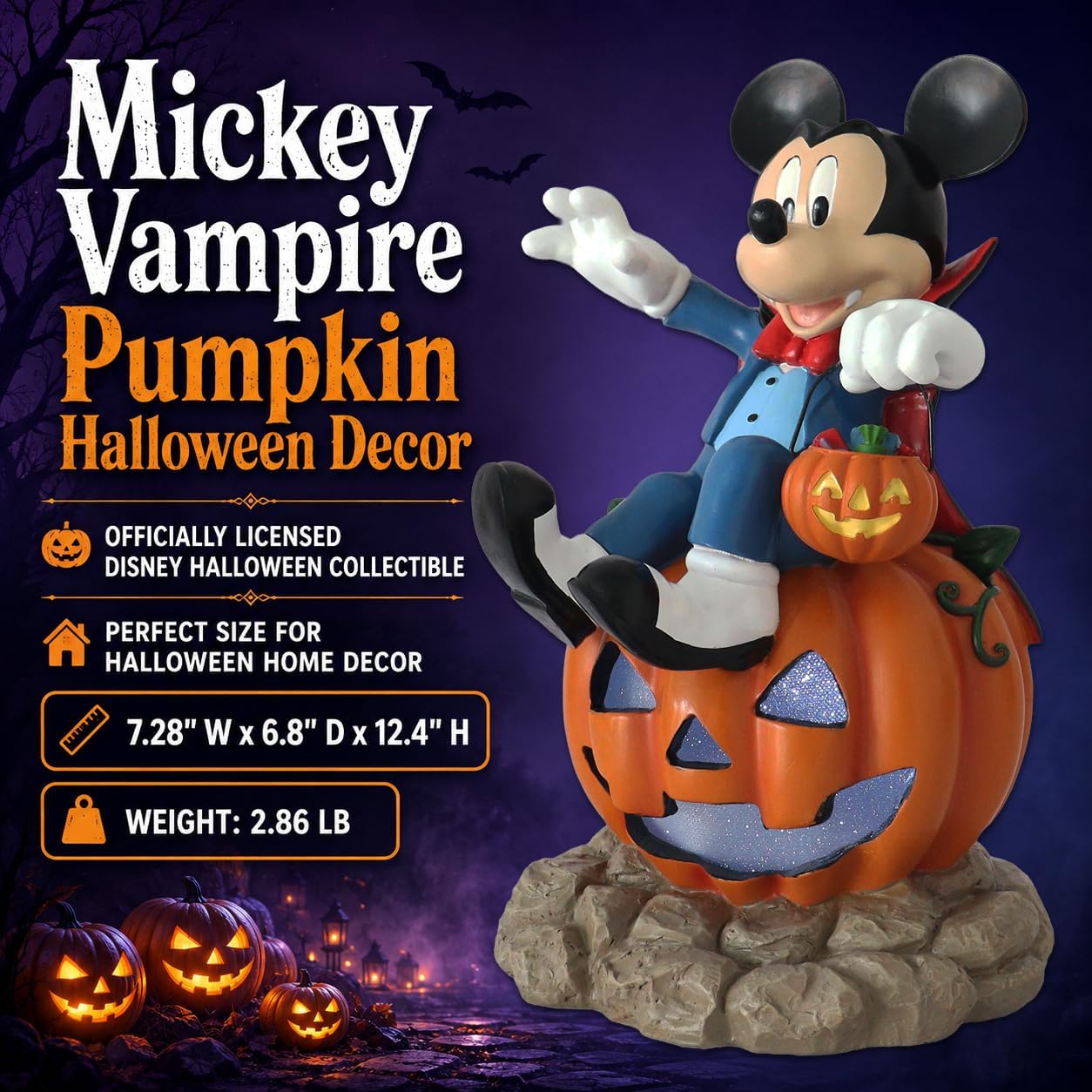 Disney Mickey Vampire Pumpkin Halloween Decor with Candy Bowl image 2