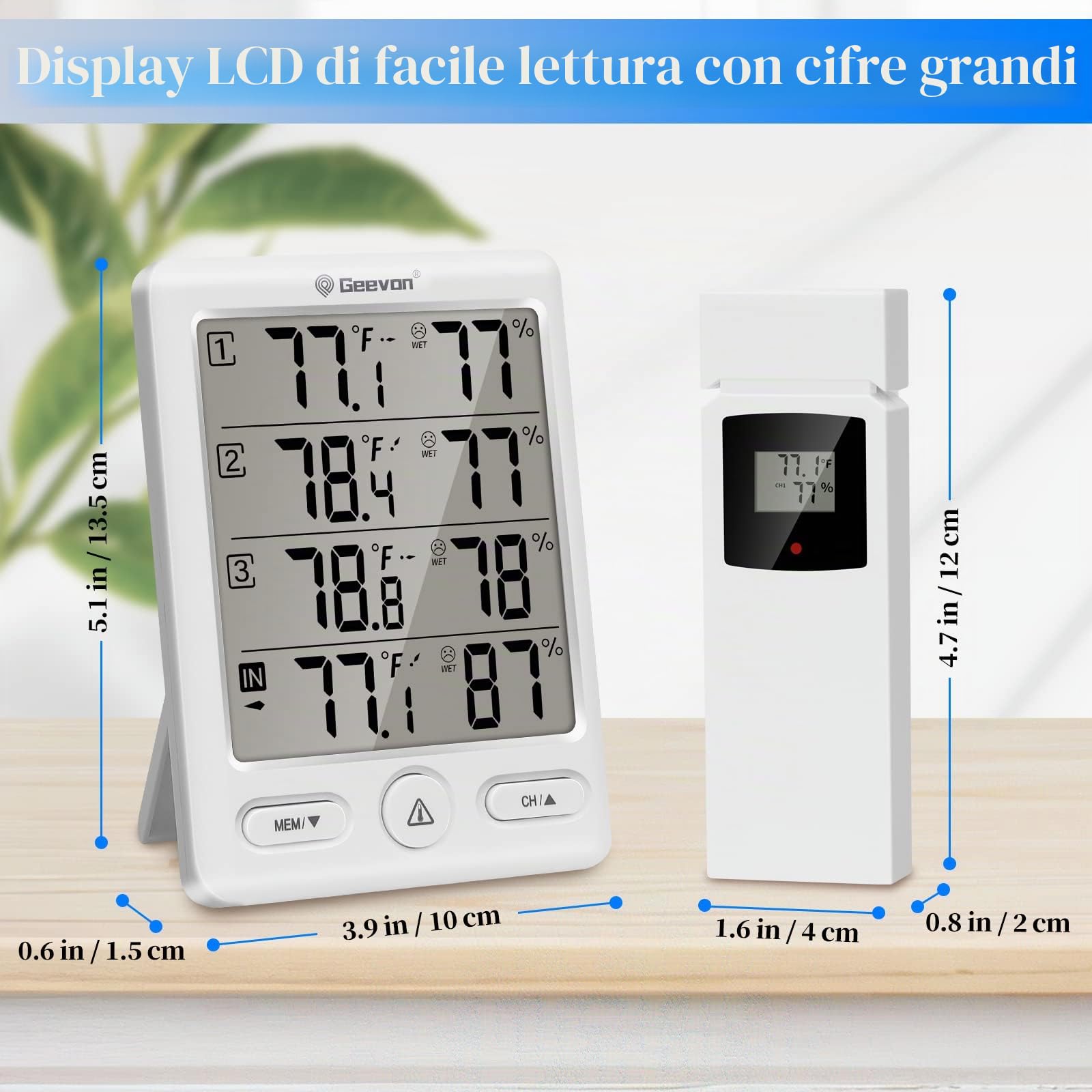Geevon Termometro per interni ed esterni, wireless, con 3 sensori remoti, igrometro digitale, termometro per interni, misuratore di umidità della temperatura con portata di 60 m