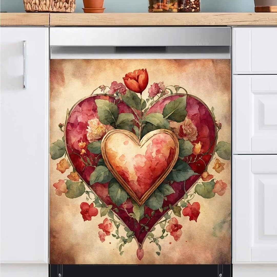 Happy Valentine's Day Magnetic Dishwasher Cover Vinyl Decal,Vintage Flowers Heart Dishwasher Sticker,Retro Dishwasher Magnet Cover for Festive Holiday Kitchen Decor,23Wx26H Inches