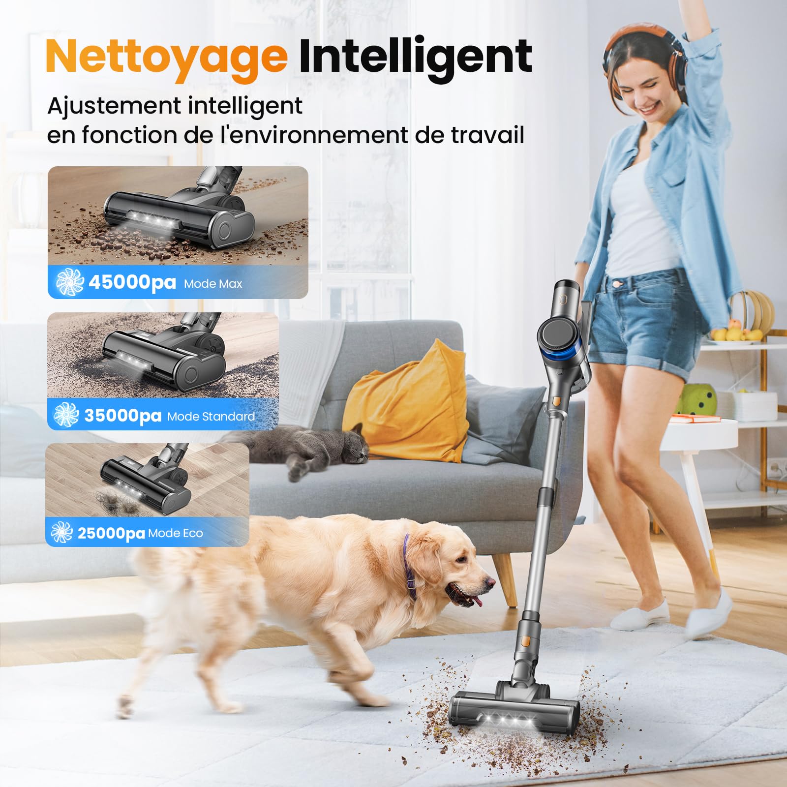 Aspirateur Balai sans Fil, 400W 45KPa Aspirateur sans Fil Puissant, 55Min Autonomie, Brosse Anti-emmêlement, Batterie Amovible, Aspirateur sans Sac avec LED Écran pour Tapis Poils d'animaux Sol Dur