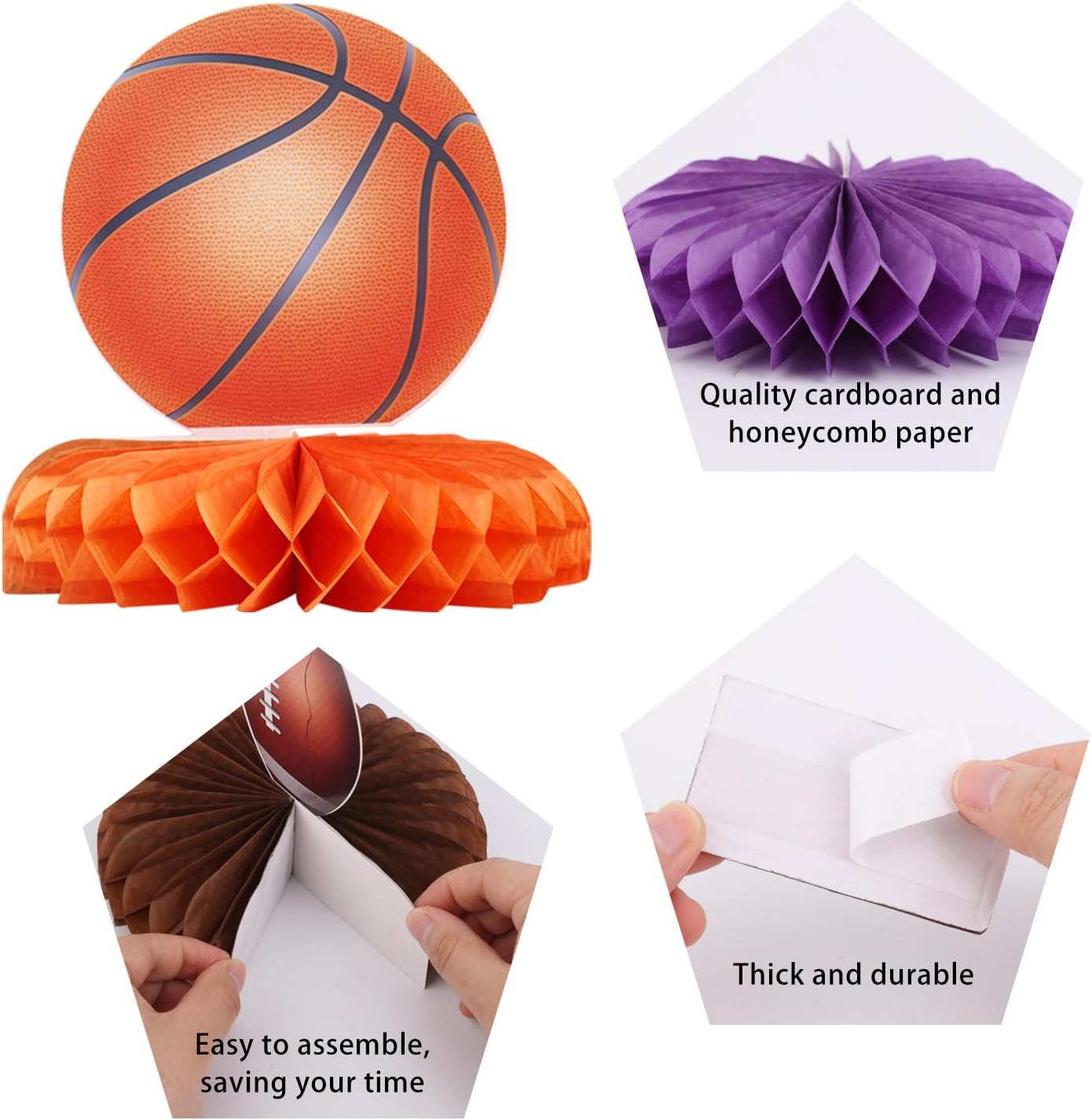 12pcs Sports Honeycomb Centerpieces, Soccer Basketball Baseball Football Centerpieces Mixd Table Decorations for Boys Game Day Themed Birthday Parties Sports Events Gameday Party Decor Celebration