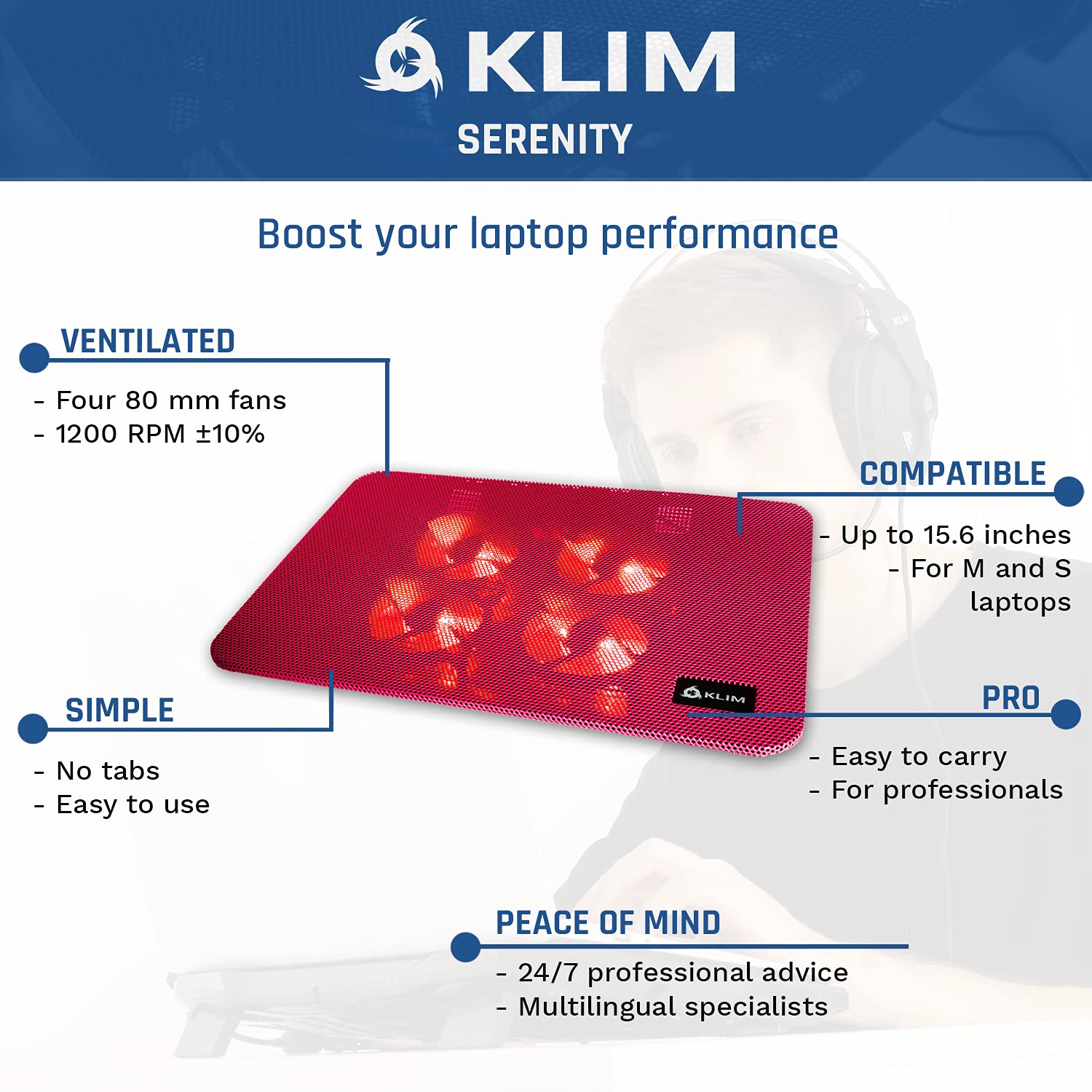 KLIM Serenity + Refroidisseur PC Portable - 11" à 15.6" + pour Mini et Petits PC + Grille en Métal Stable et Solide + Support Ventilé Silencieux + NOUVEAUTÉ (Rouge)