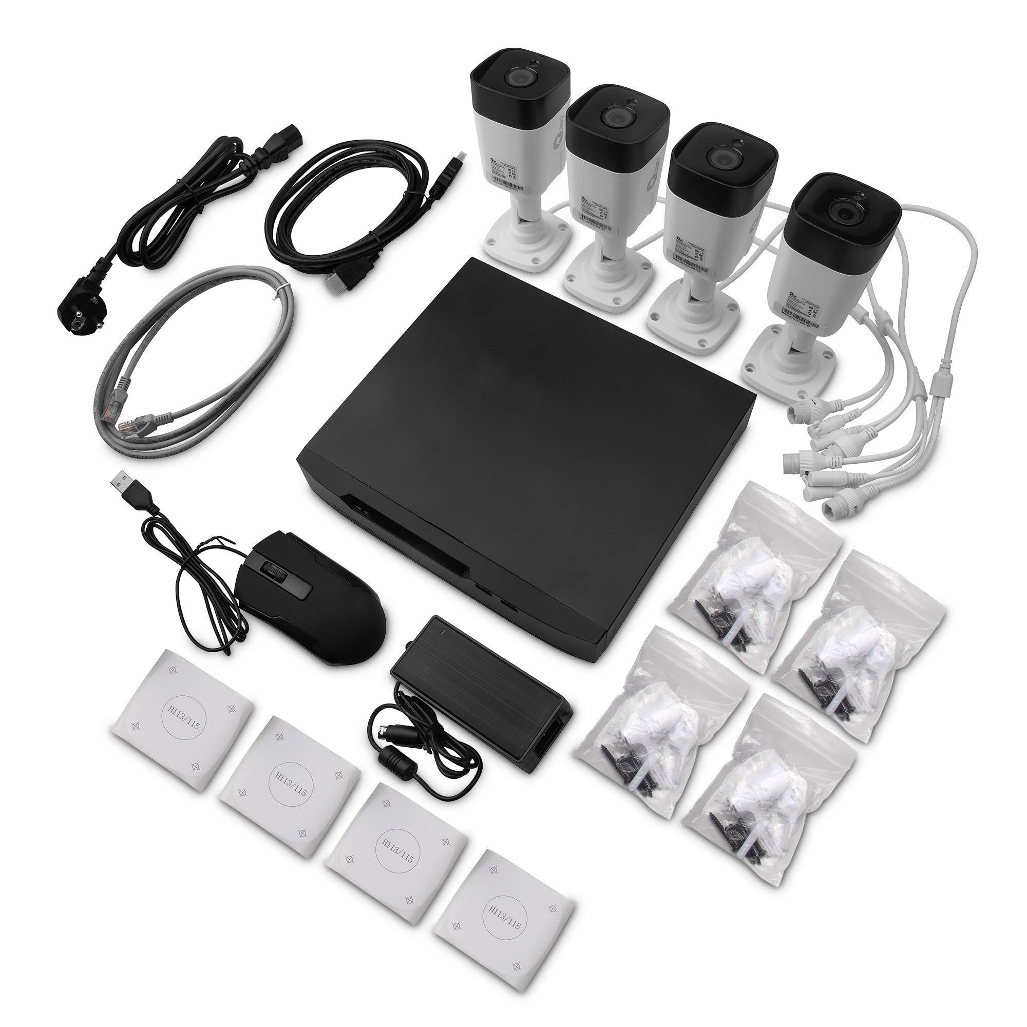 Qian Kit 4 Cámaras de Vigilancia IP + NVR 8 puertos PoE con 1TB HDD | Detección Movimiento, Intrusos, Visión Nocturna | HDMI 3840 × 2160, VGA 1920 × 1080 | 1 canal 8MP, 4 canales 1080P | Ethernet, USB