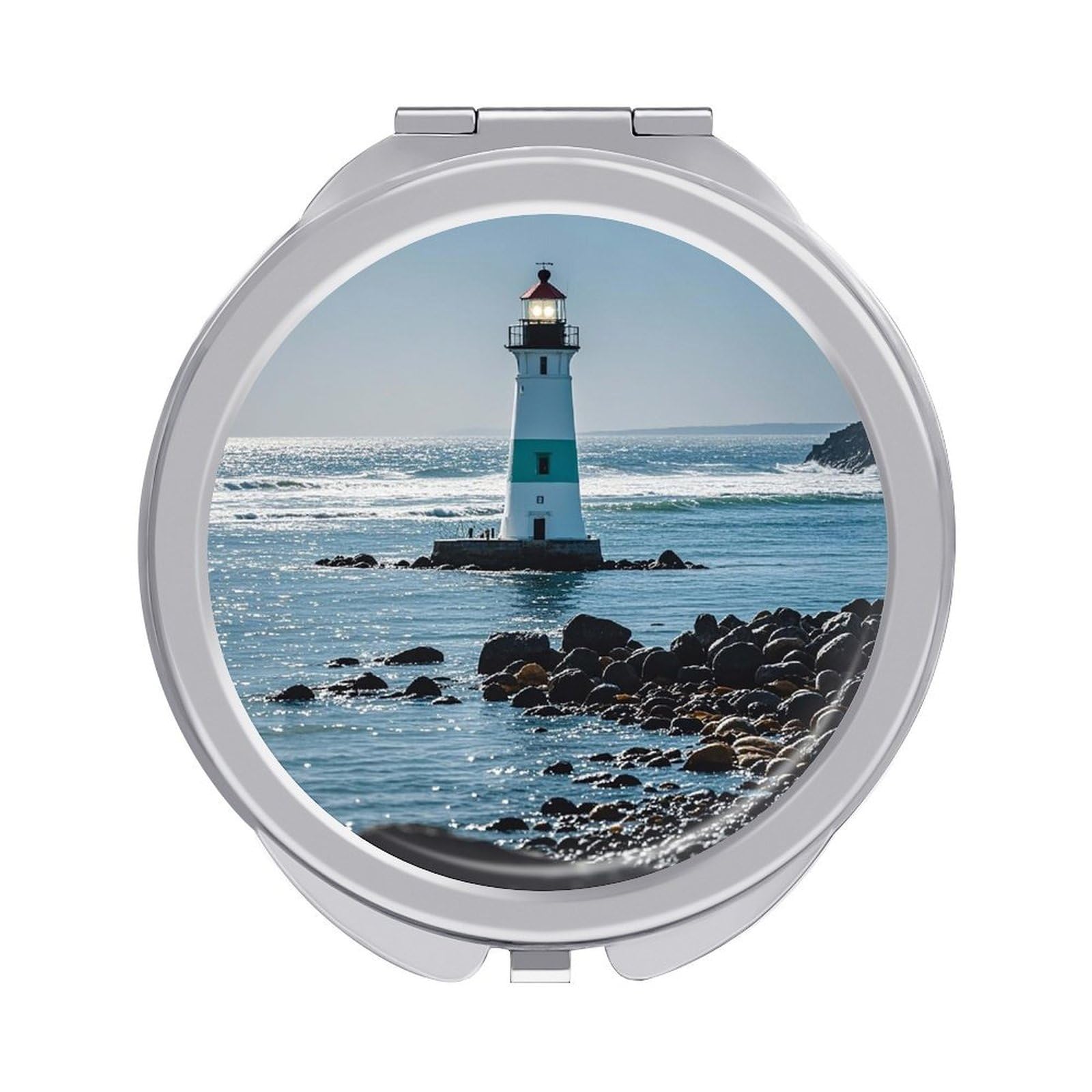 LZQPOEAS Lighthouse Ocean Travel Makeup Mirror 1X/2X Magnifying 2.4In Double Sided Metal Round Compact Mirrors Portable Mini Mirror for Purse, Pocket Folding Handheld for Women Gift