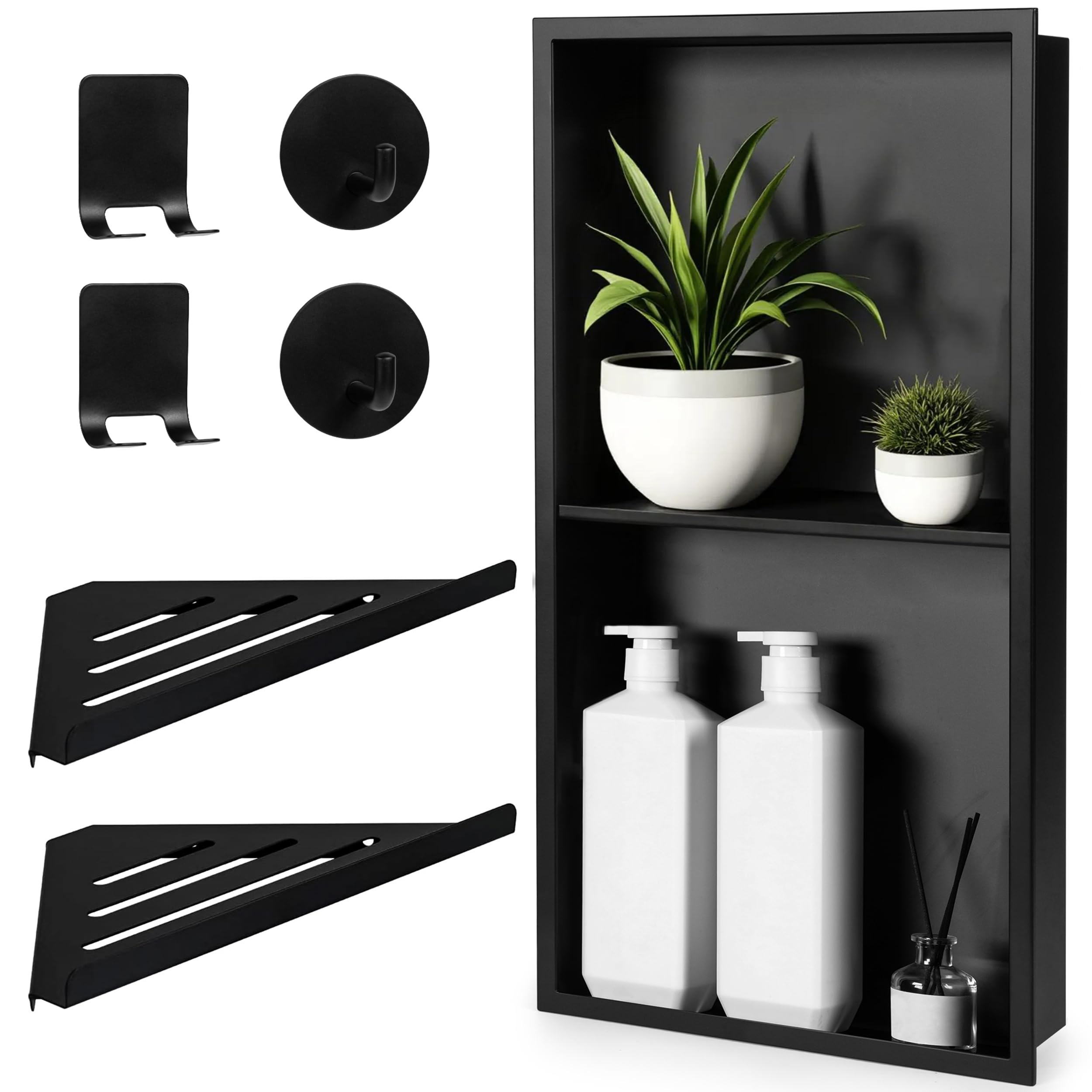 Photo 1 of Stainless Steel Shower Niche No Tile Needed 24"x12" Inner Size (25.19"x13.19" Outside Size) Matte Black - Niche for Shower Wall - Bathroom Niches - Includes Corner Shelves Razor Holders and Wall Hooks