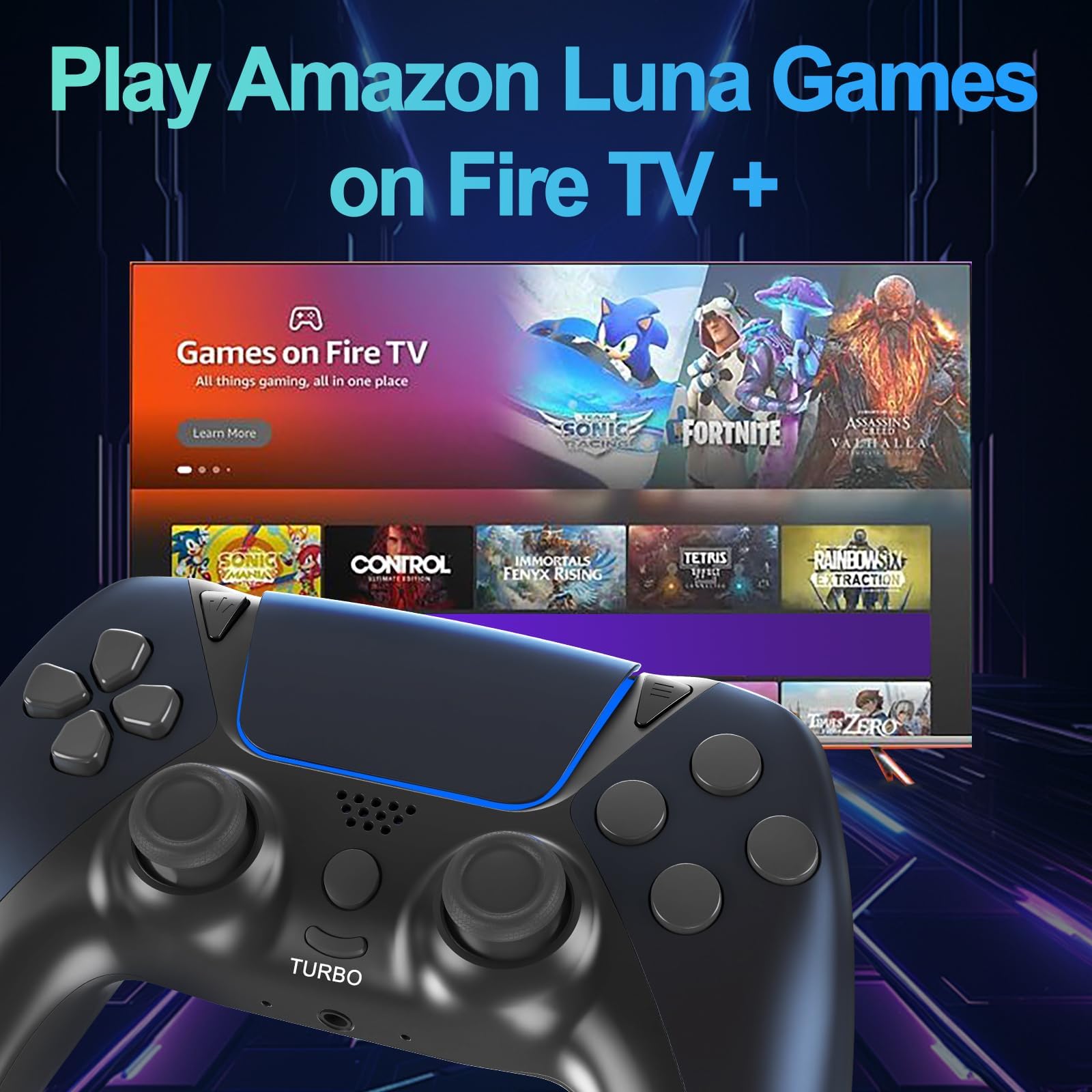 Manette Luna avec palettes arrière, turbo, manettes de jeu Fire TV sans fil pour PC, GeForce NOW, Firestick, remplacement pour manette de jeu Luna avec joystick ALPS, pas de Drift, bleu