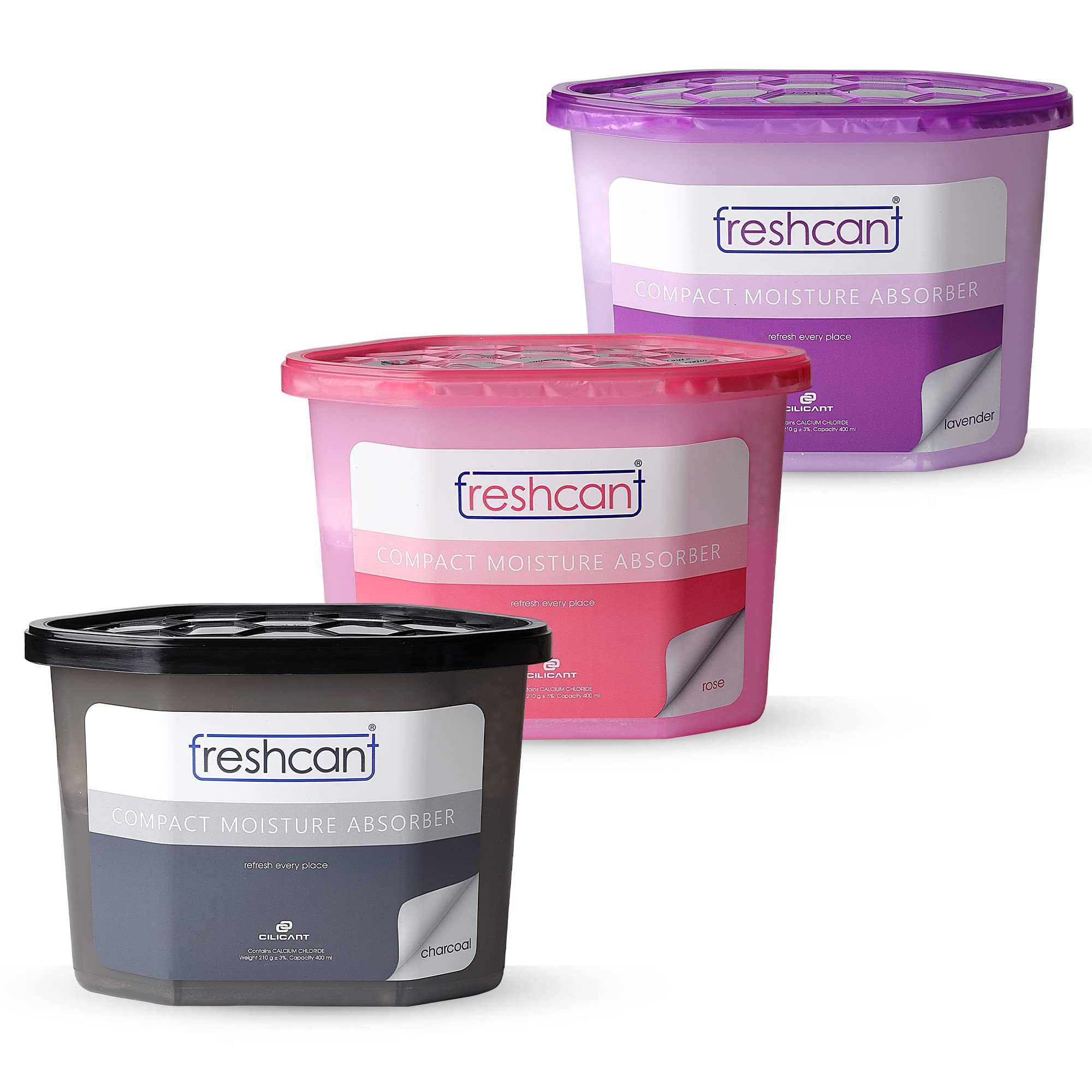 Cilicant Freshcant Compact Moisture Absorber Dehumidifier By Cilicant - Refresh Every Place - (Fragrance Available In Lavender, Rose & Charcoal) Pack Of 3
