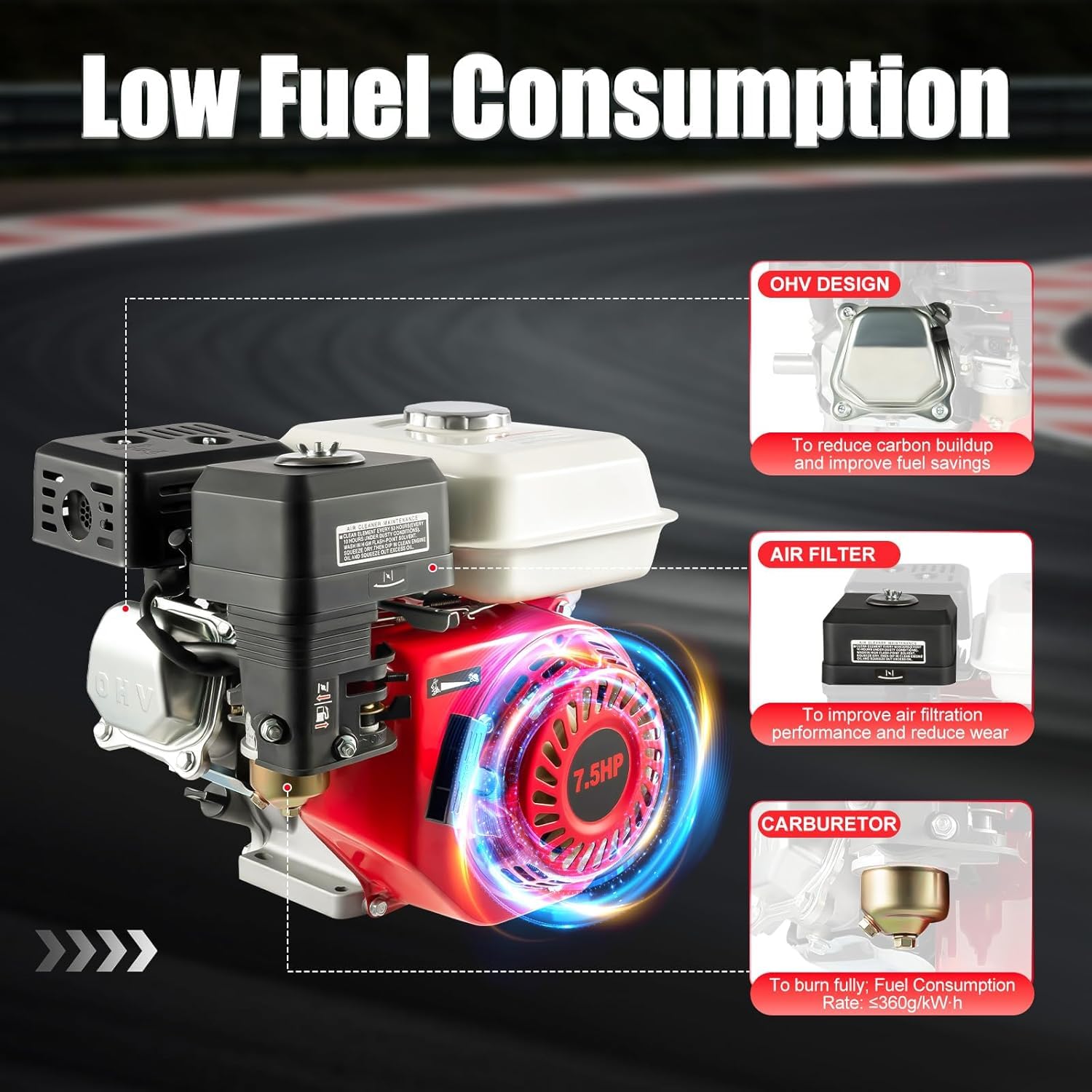 Motor de gasolina 5100 W Go Kart con motor de gasolina, monocilindro, 4 tiempos, 212 cm³, 7,5 CV, cigüeñal de 20 mm, sistema de refrigeración por aire, depósito de combustible de 3 6 l, para