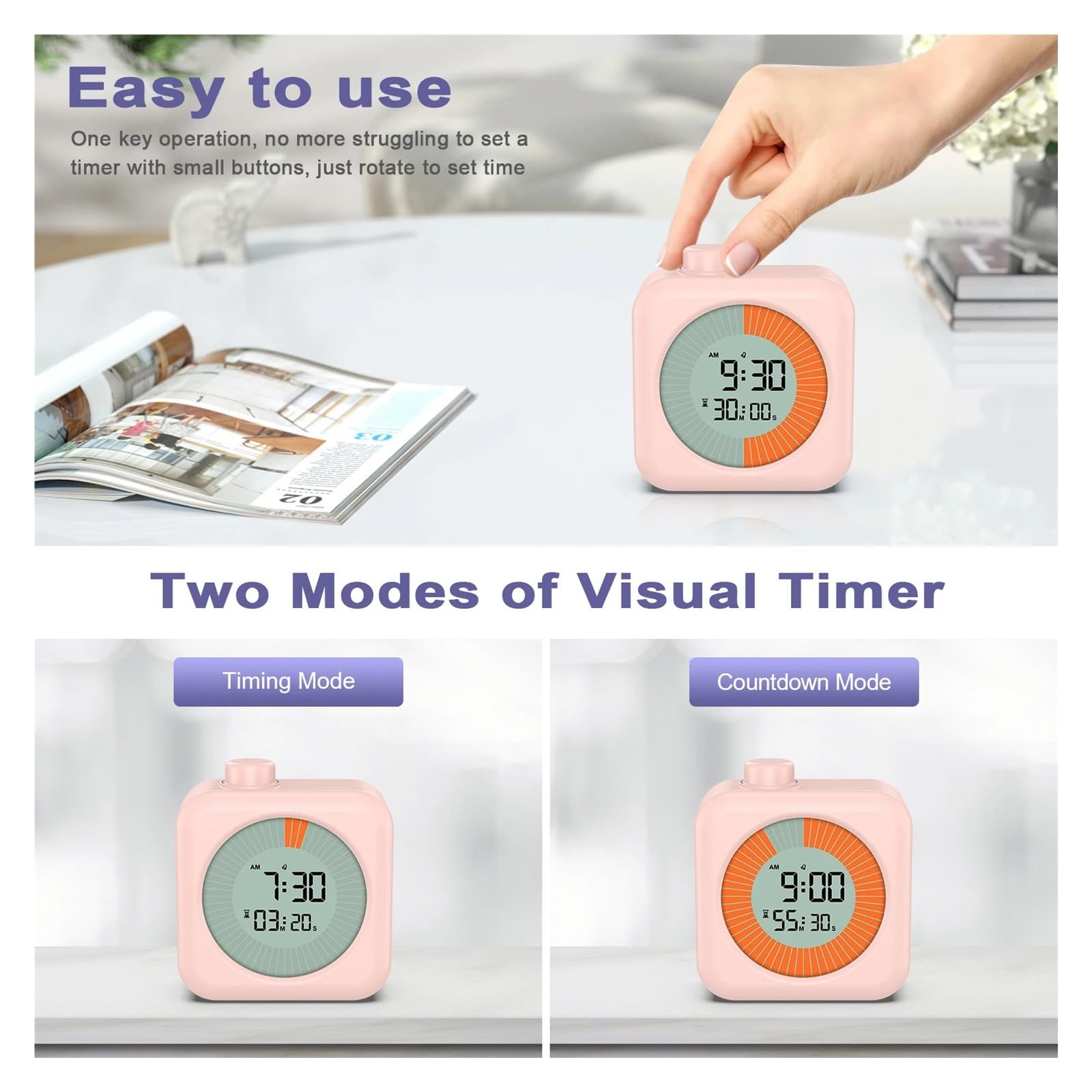 Temporizador Visual Digital 3 En 1, Reloj con, Cronómetro De Cuenta Atrás 60 Minutos For Cocina, Estudio Y Enseñanza Fiable Y Eficiente(Pink)