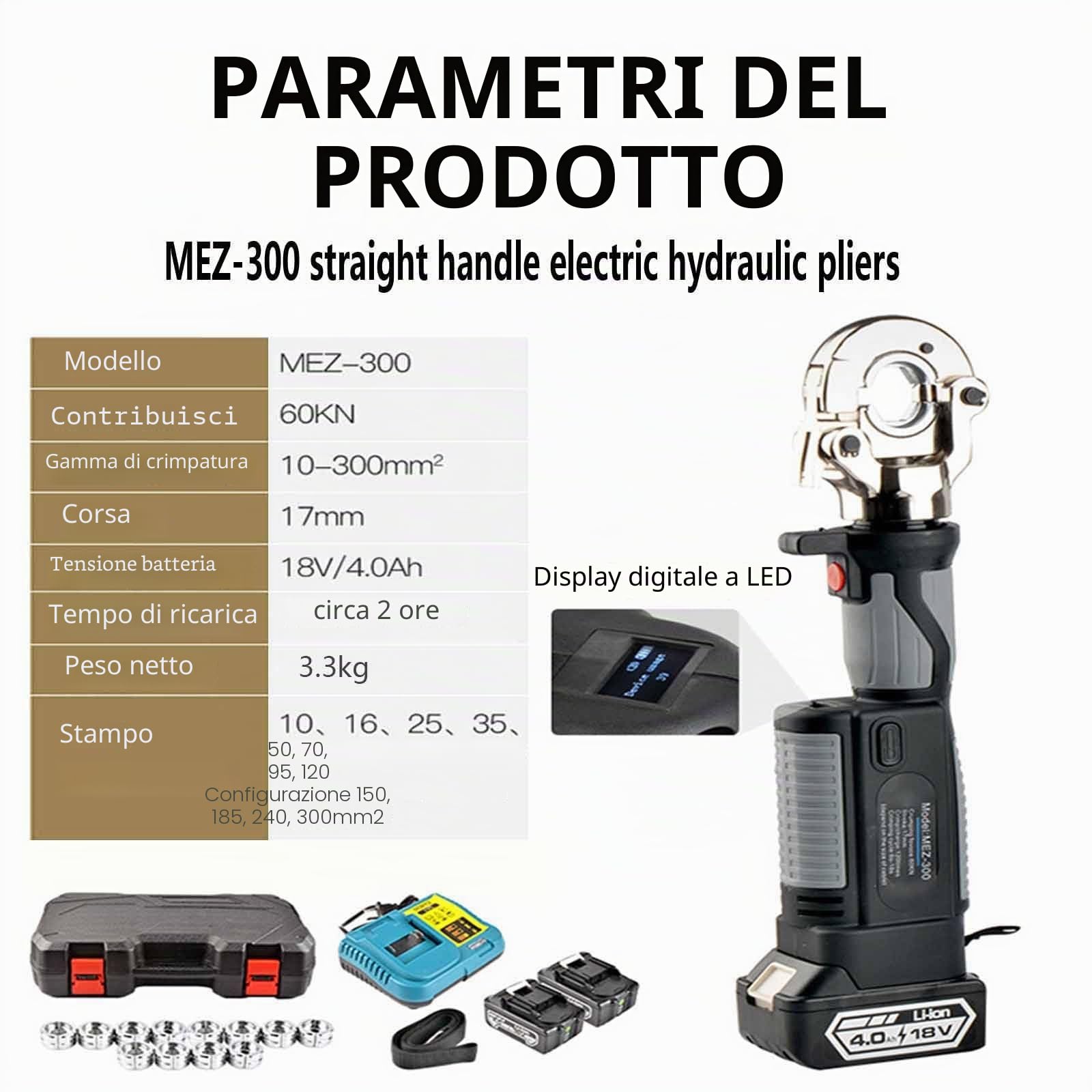 PixCy - Pinza Crimpatrice Idraulica Elettrica 10mm² a 300mm² per Terminali di Cavo - Utensile per Terminali Alimentato a Batteria