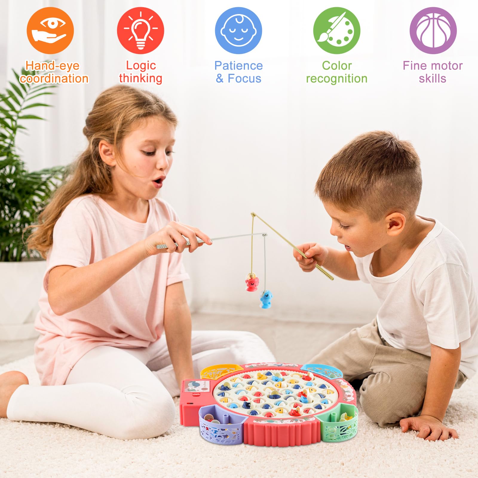 Jeux de Pêche Électriques, Jeu de Pêche à la Ligne avec 55 Poissons et 8 Cannes à Pêche, Jouet de Pêche Musical avec Plateforme, Jeu Magnétique Cadeau pour Enfant Garçons Filles 3-6 Ans