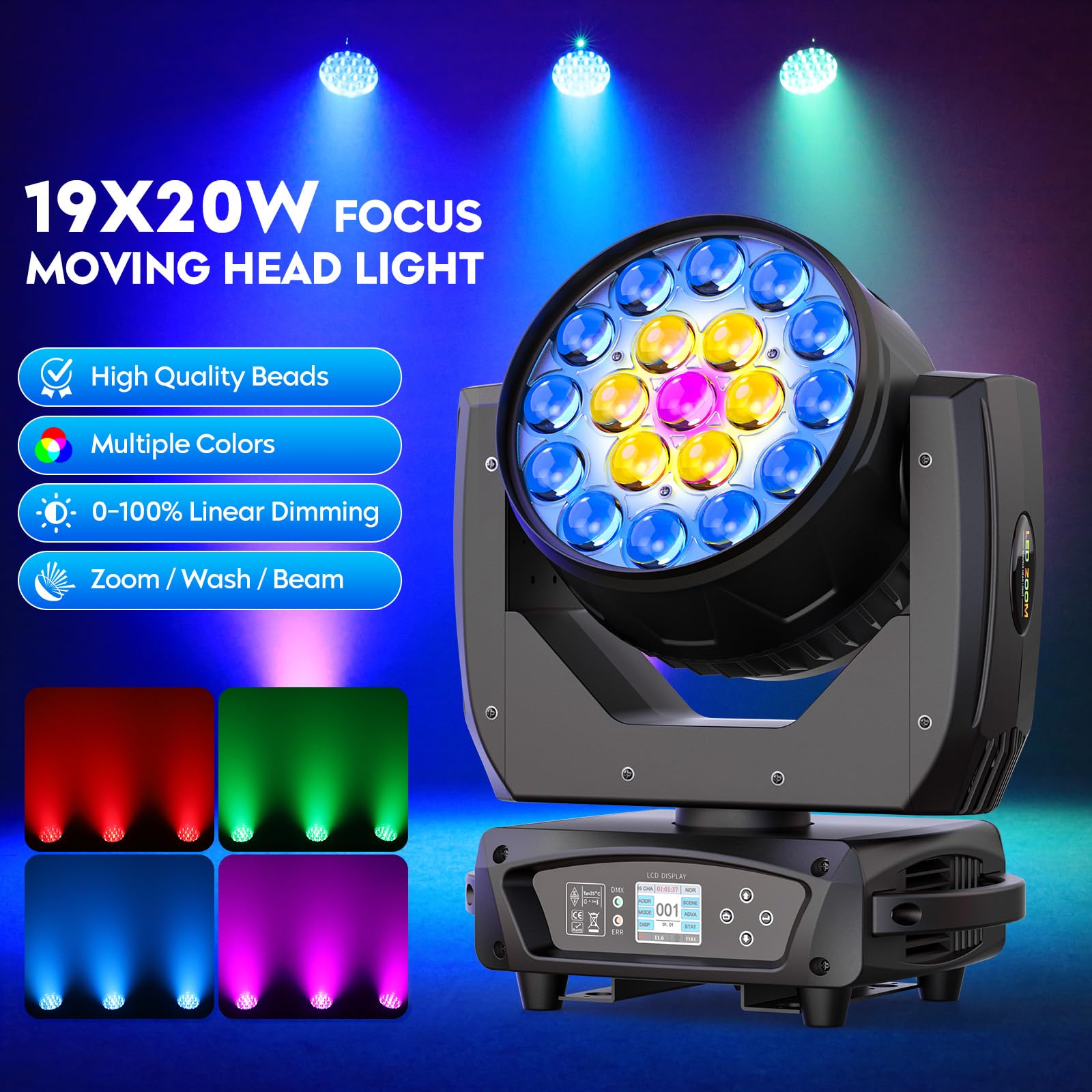 19 x 20W RGBW Wash Moving Head LED Bühnenlicht, Zoom Beam Disco Licht für Party, KTV, Konzerte, DJ, Weihnachten, Hochzeiten
