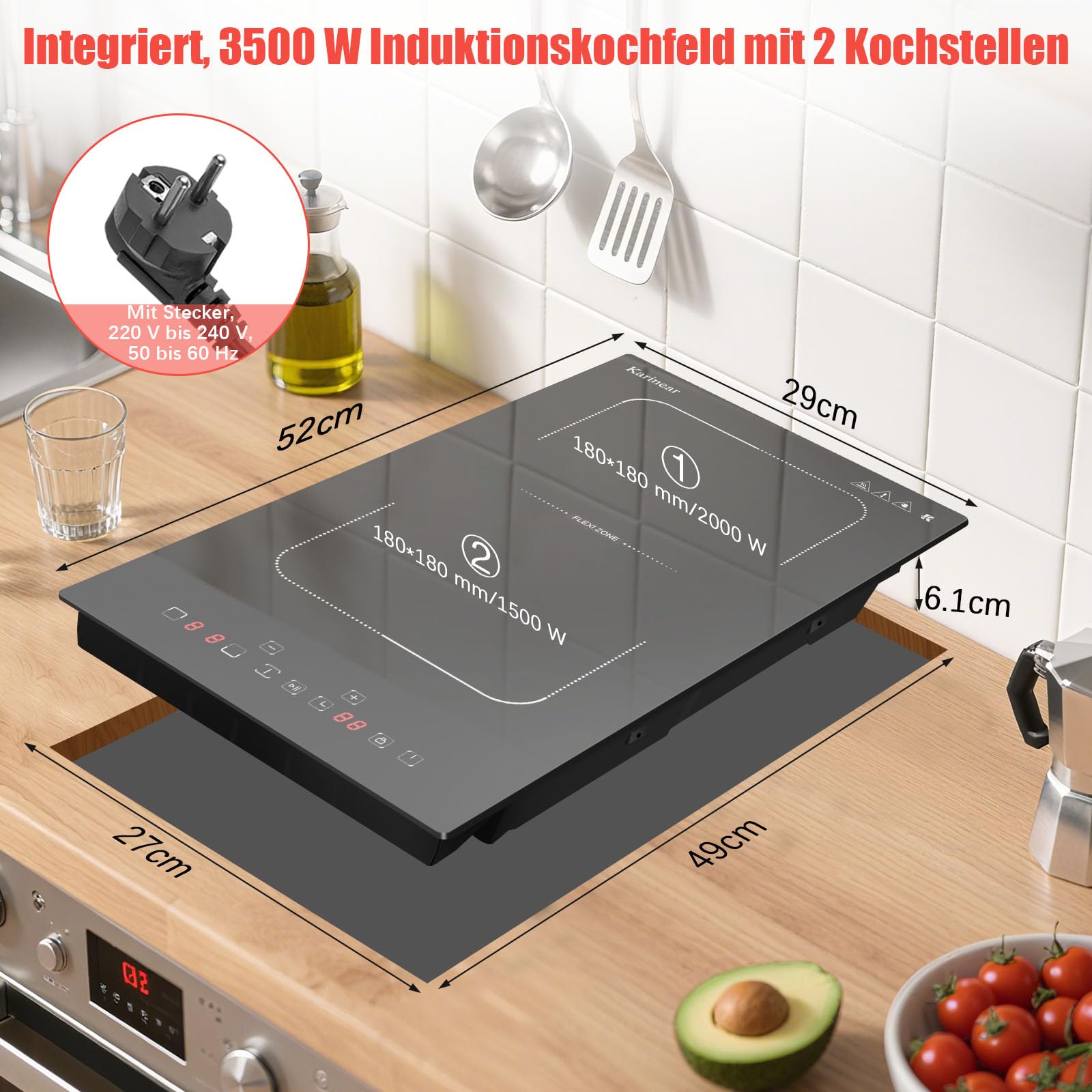 Karinear Induktionskochfeld 2 Platten 30CM Einbau Touch-Steuerung 240V mit Stecker