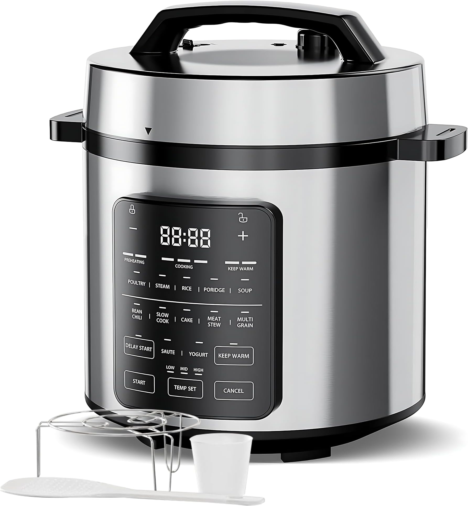 Simple Deluxe 12-in-1 Electric Pressure Cooker, 6QT Stainless Steel & Non-Stick Multi Cooker for Slow Cook, Meat Stew, Cake, Porridge, Multigrain, Dishwasher Safe, Silver