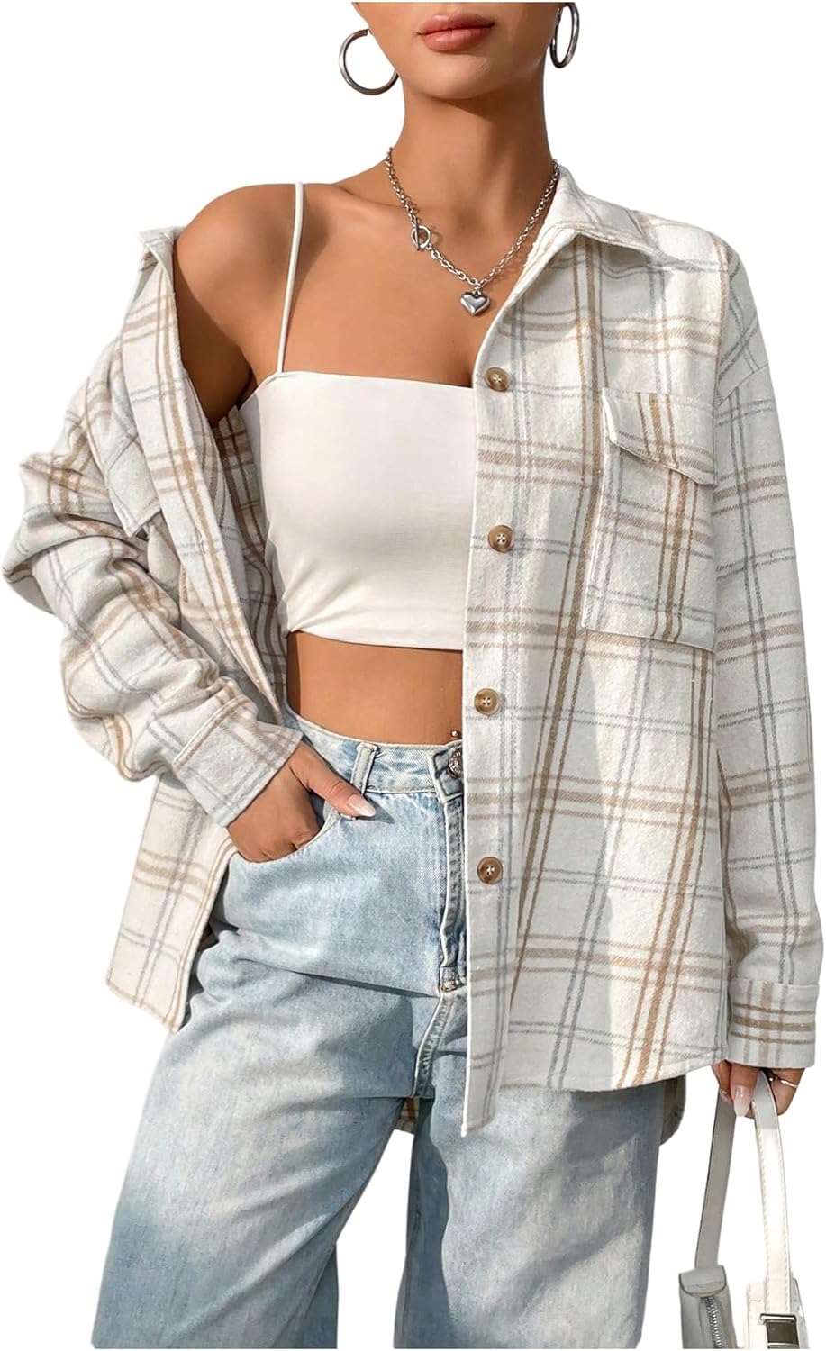 SweatyRocks Women's Flannel Shacket Plaid Shirts Button Down Long Sleeve Coat Casual Fall Trendy Jackets - Image 2