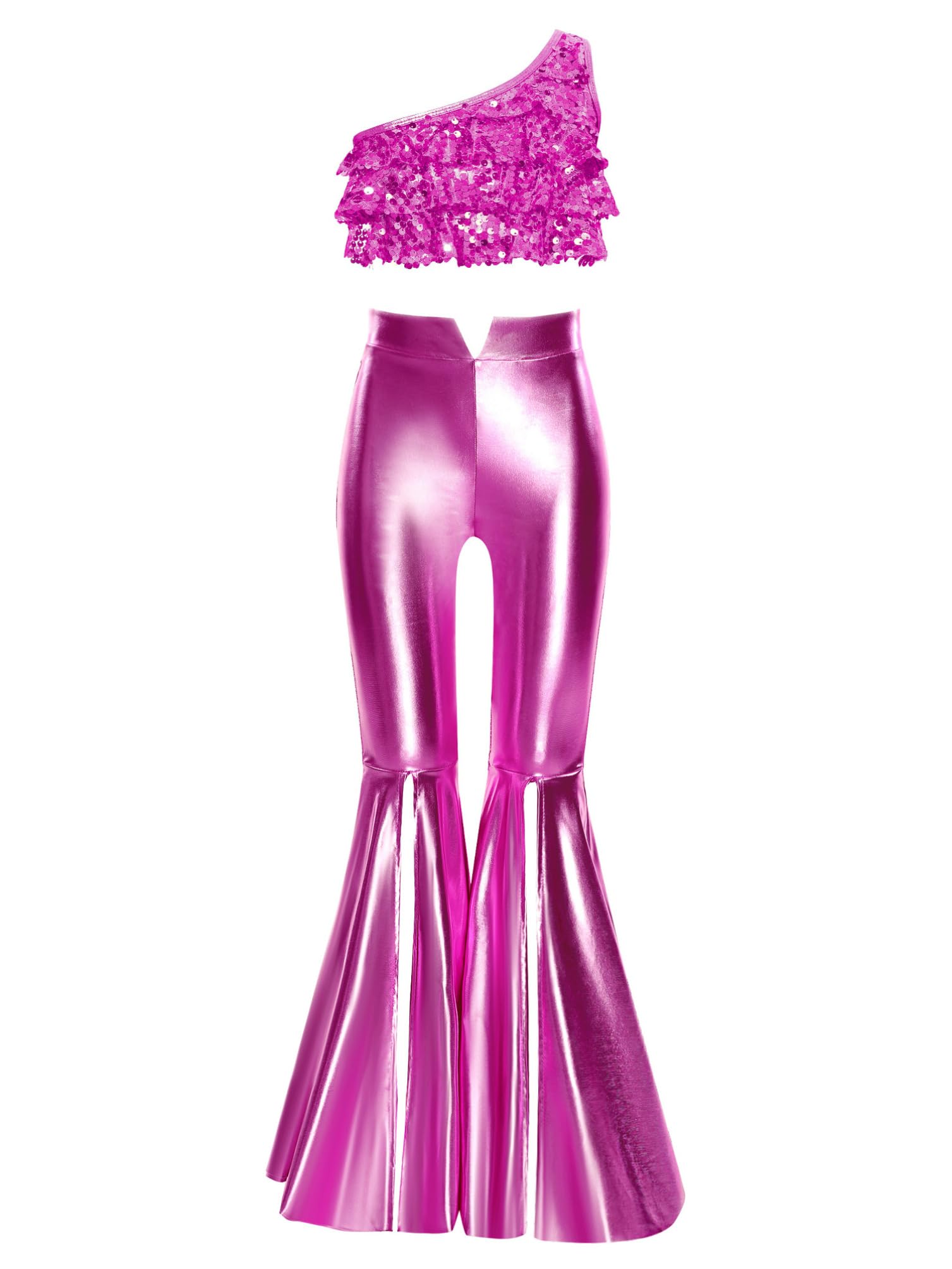 inhzoy Completo Sportivo da Ballo Latino Tango Bambina con Paillettes Tuta da Ginnastica Danza Moderna Jazz Hip Hop Crop Top Canotta Monospalla + Pantaloni Leggings Rosa caldo 7-8 anni