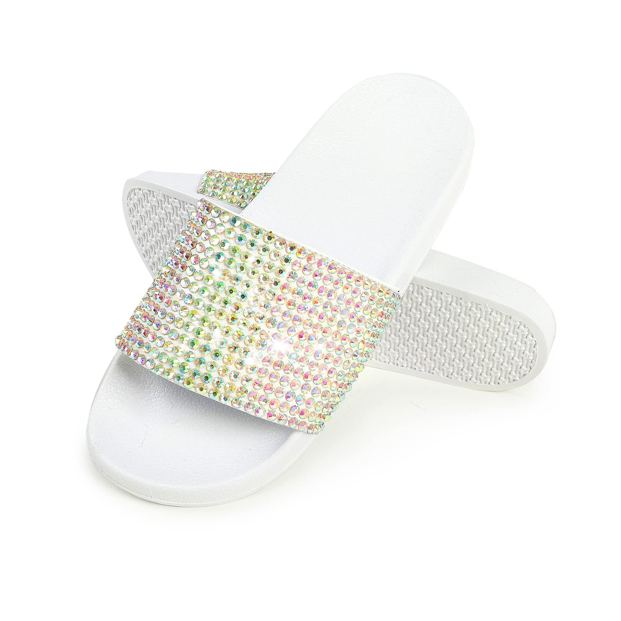 Fur Story Womens Slides House Slippers Rhinestone Glitter Slides Cute bling Flat for Women Platform Sandals Cozy Bedroom Slippers Shower Shoes