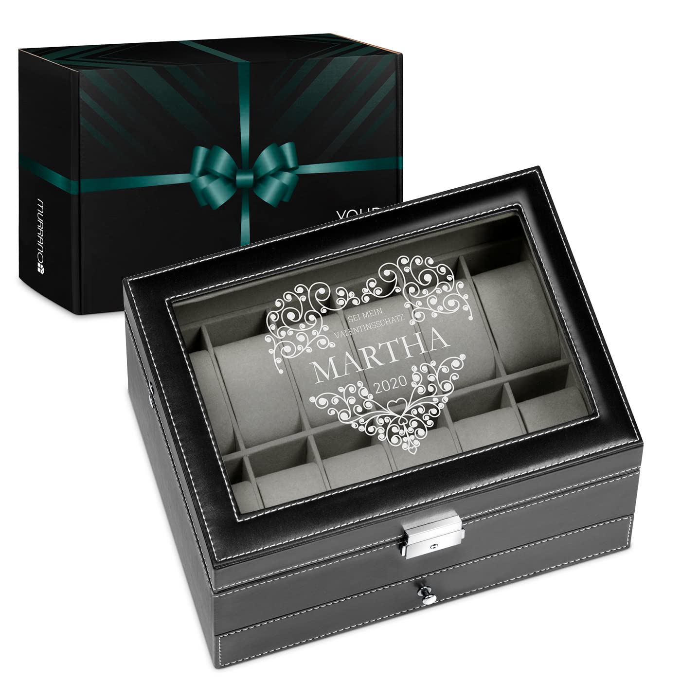 Maverton Uhrenbox mit Gravur für 12 Uhren & Schmuck - 30x20x13cm - Uhrenkasten aus Kunstleder - Schwarz - Geschenk für Damen - Herz
