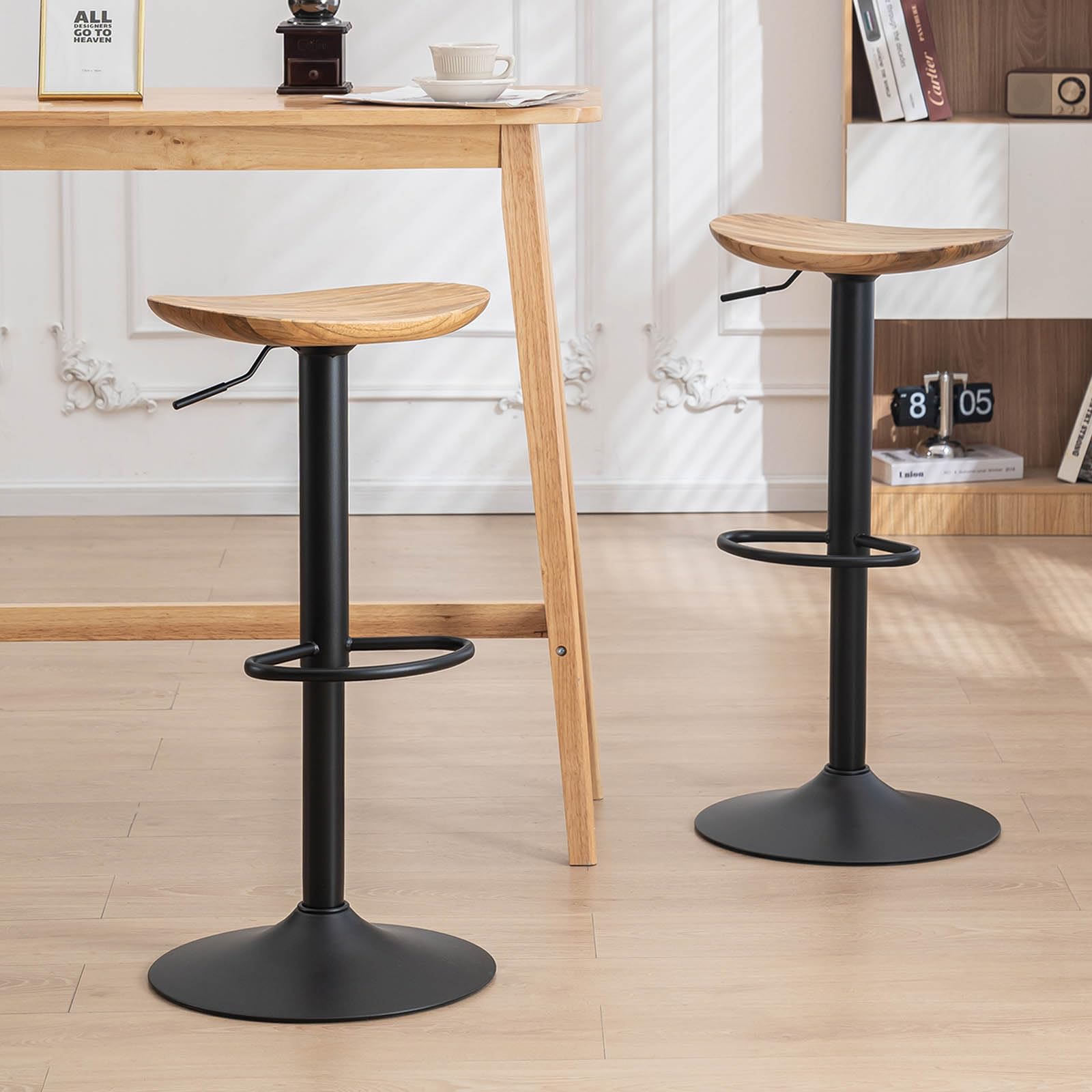 Kidol & Shellder Taburetes de Bar Juego de 2 de Madera Maciza Base Metálica Giratoria Ajustable en Altura Fácil de Montar Moderna Encimera de Cocina Industrial…