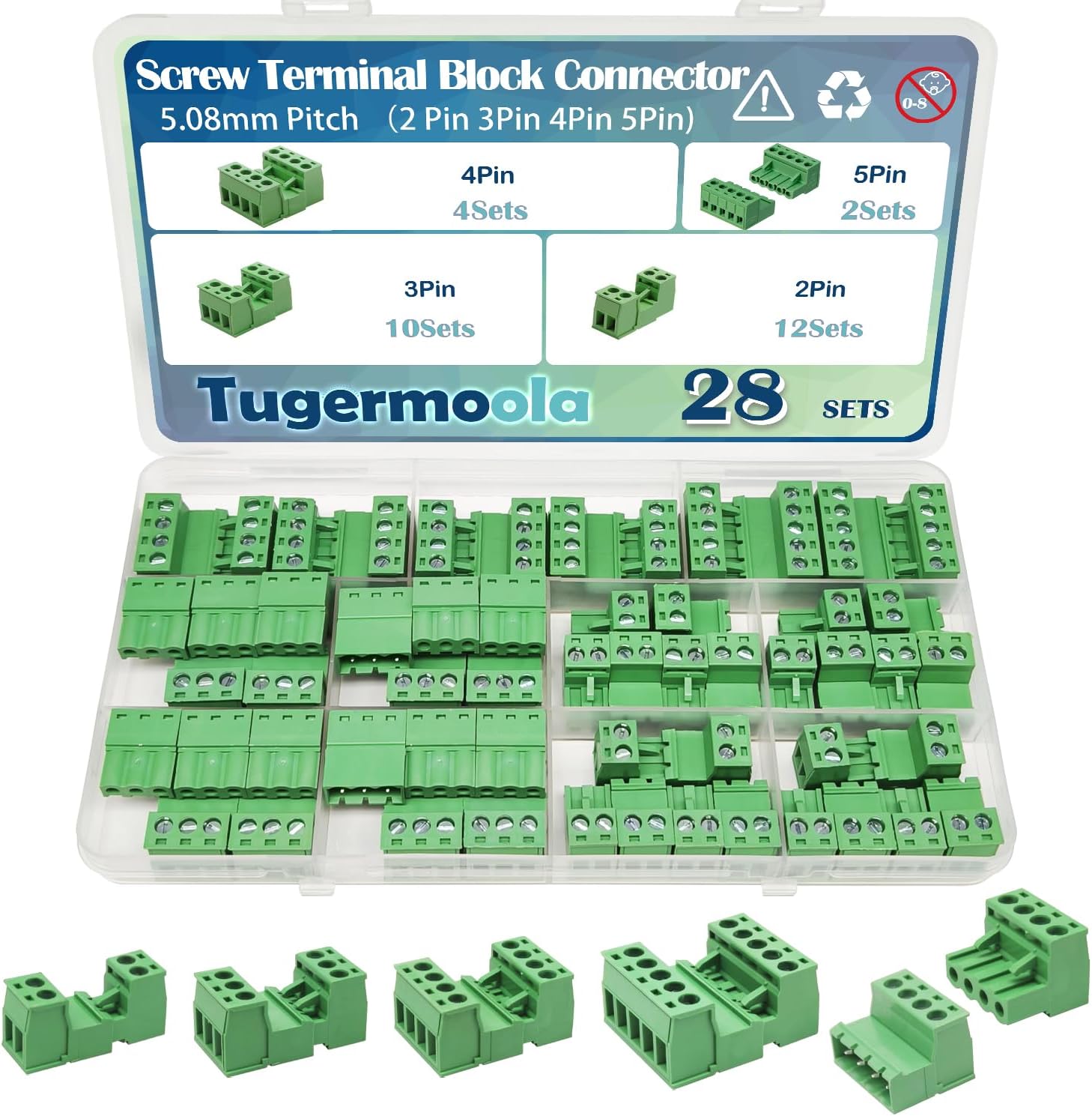 28 Sets Screw Terminal Block Connector Assortment Kit 5.08mm Pitch PCB 2Pin 3Pin 4Pin 5Pin Connectors for 24-12AWG Cable OLA007