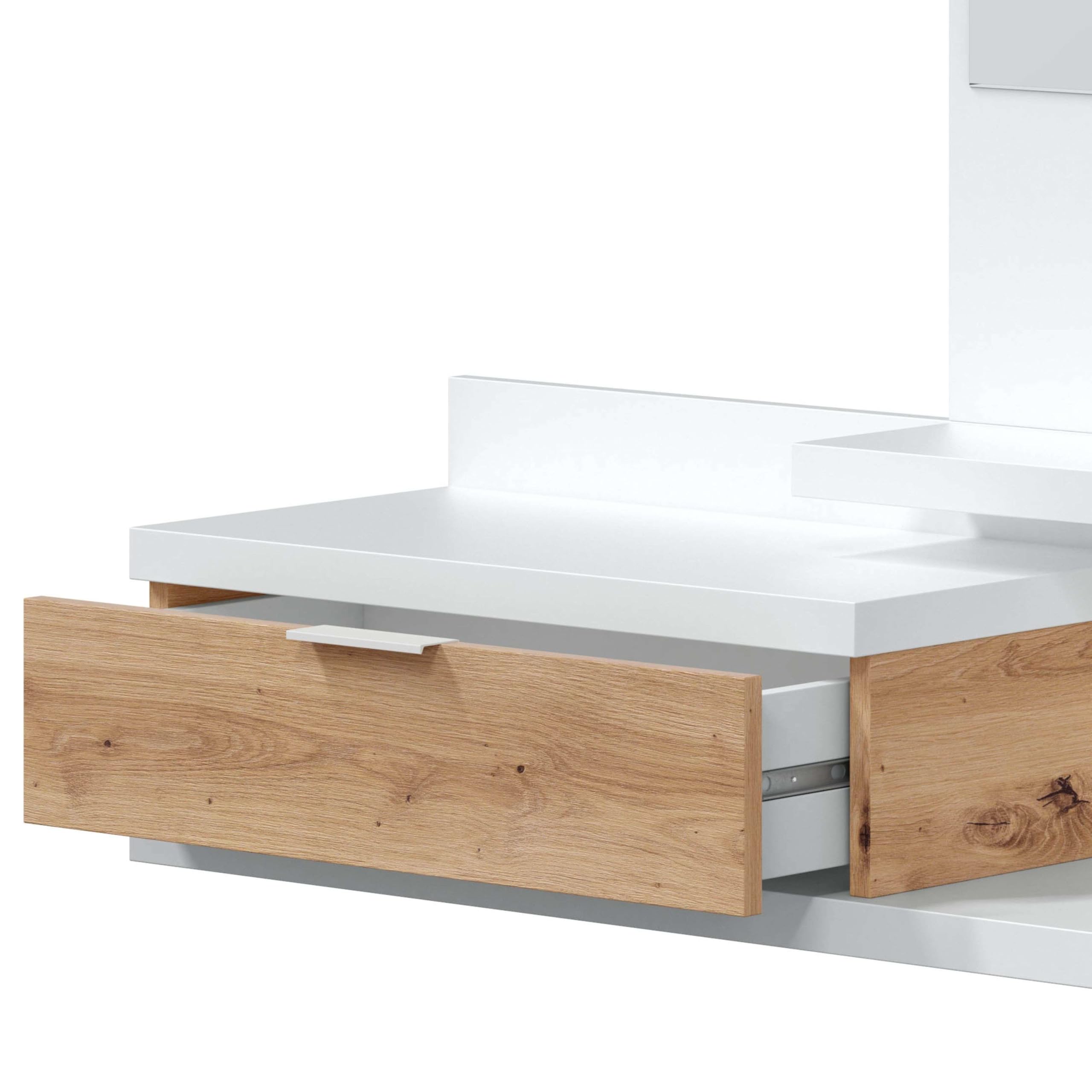 Habitdesign – Mueble Recibidor con Cajón, Espejo y 2 Baldas, Mueble de Entrada, Color Blanco Artik y Roble Nodi, 81x116x29 cm - Modelo Dahlia