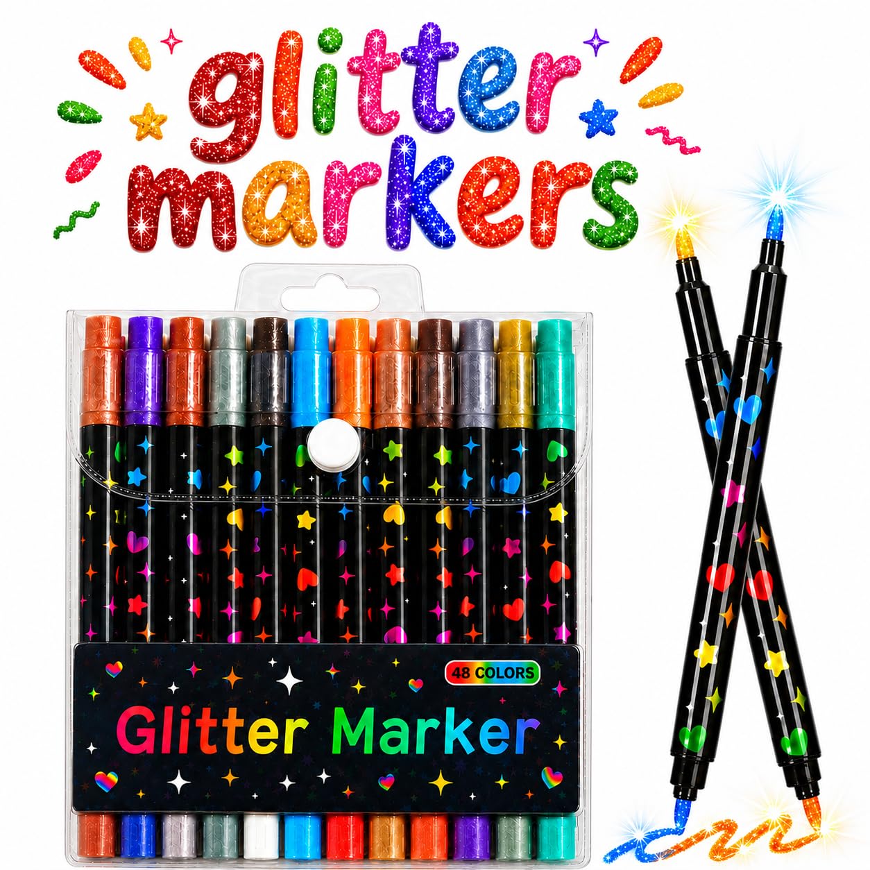 Glitter Markers Set 48 Colors, Dual Tip Glitter Markers (Pack of 24), Shiny Metallic Markers, Glitter Pens Coloring, DIY Crafts